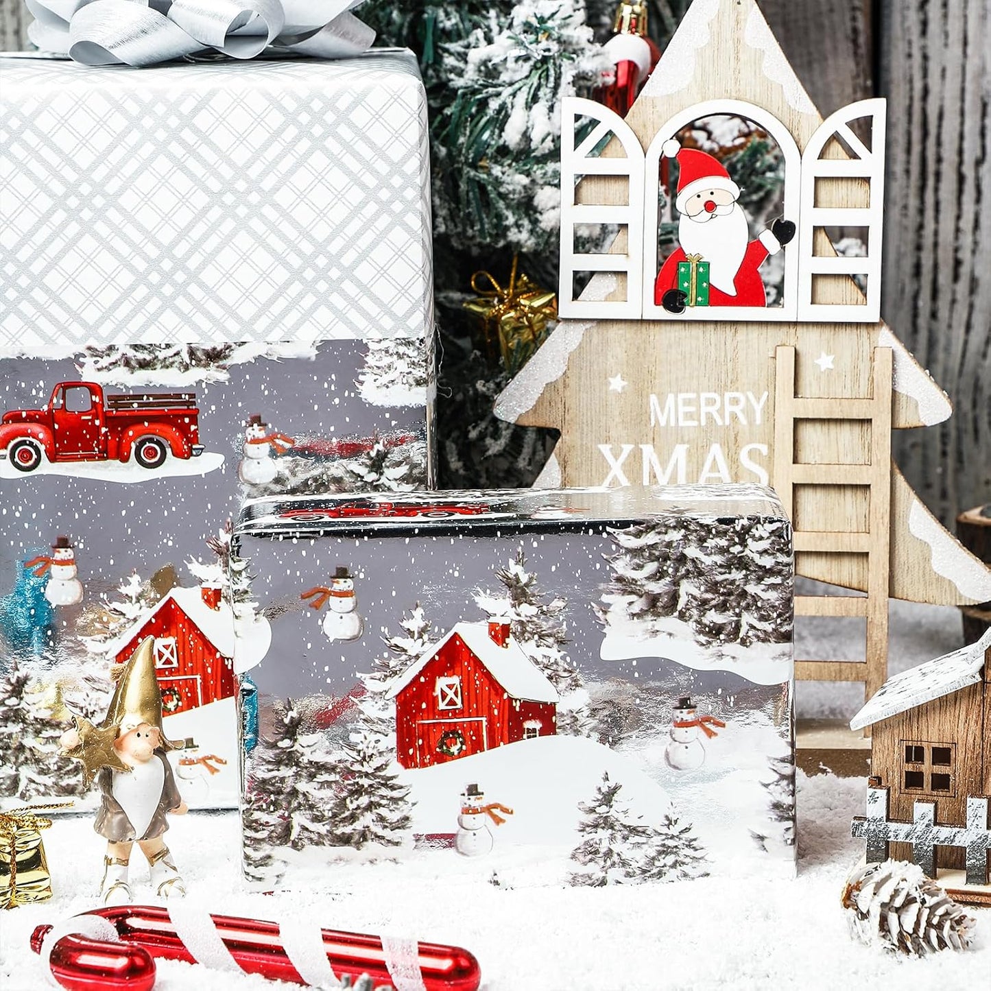 LeZakaa Christmas Silver Wrapping Paper Jumbo Roll for Boy Kid, Red Truck, Snowy Pine Forest & Grid Plaid, Silver Foil Reversible Design for Winter Holiday Family Gathering, 30 inches x 100 Feet