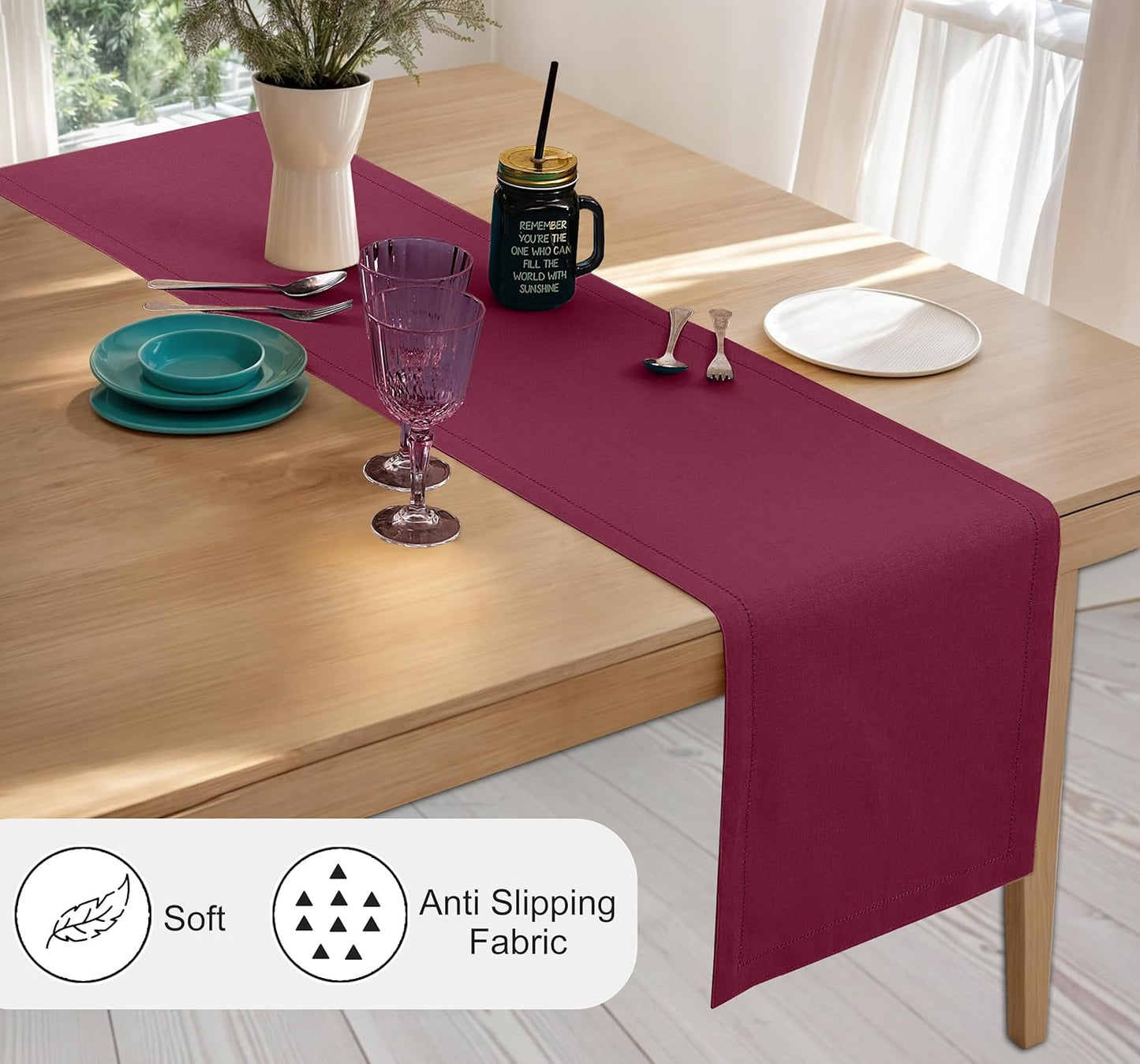 Ruvanti Linen Table Runner 120 Inches, Classic Hemstitch, Washable, Reusable, Non-Slipping, Stain Resistant- Perfect for Parties, Weddings, Dinners, Thanksgiving, Christmas, Indoor use – Burgundy