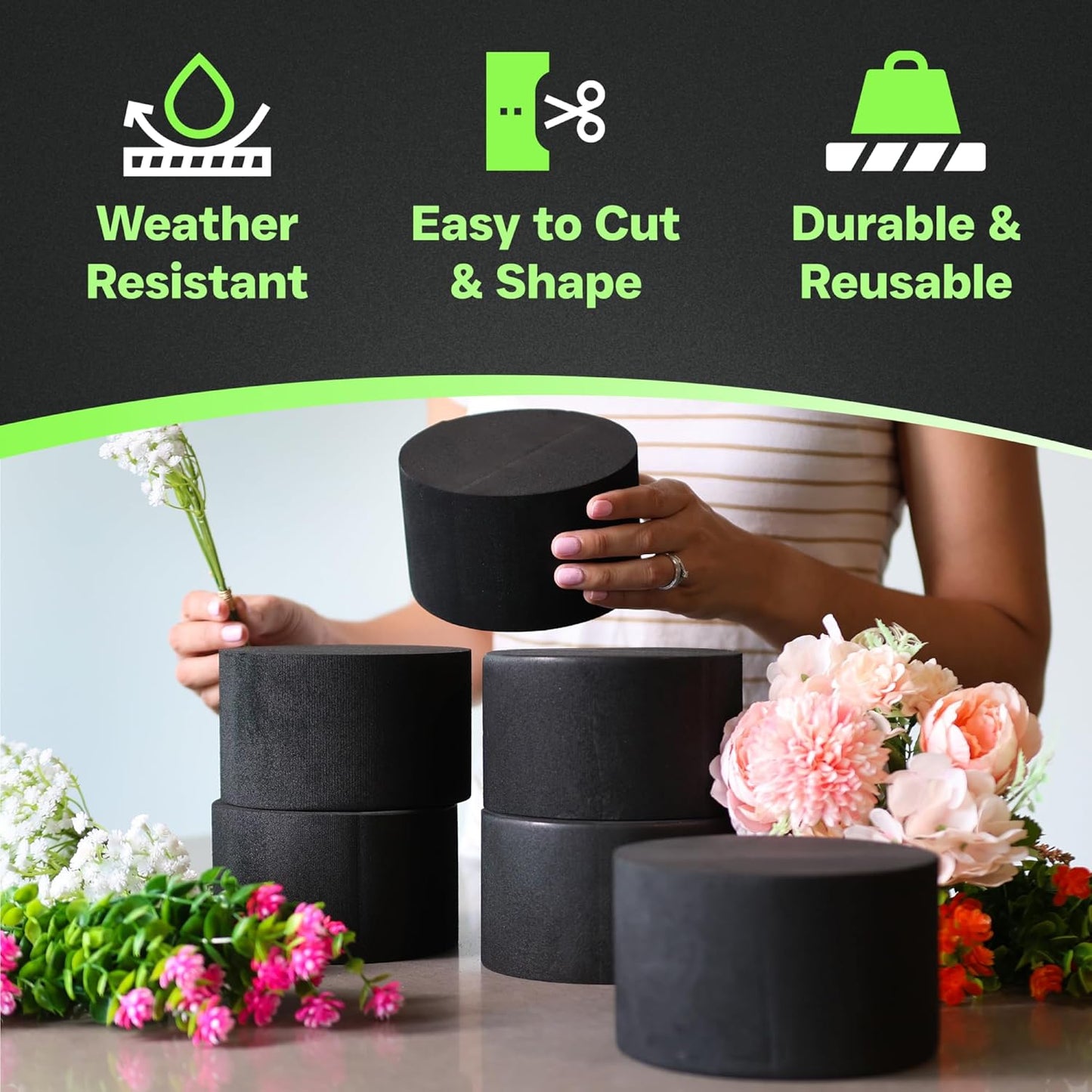 XCEL Floral Foam Blocks - Reusable, Weather Resistant Foam - Perfect for Fresh & Artificial Flower Arrangements, Crafts, Planter Boxes, Home Decor & More - 6-Pk, Black (5” x 3”, Round)