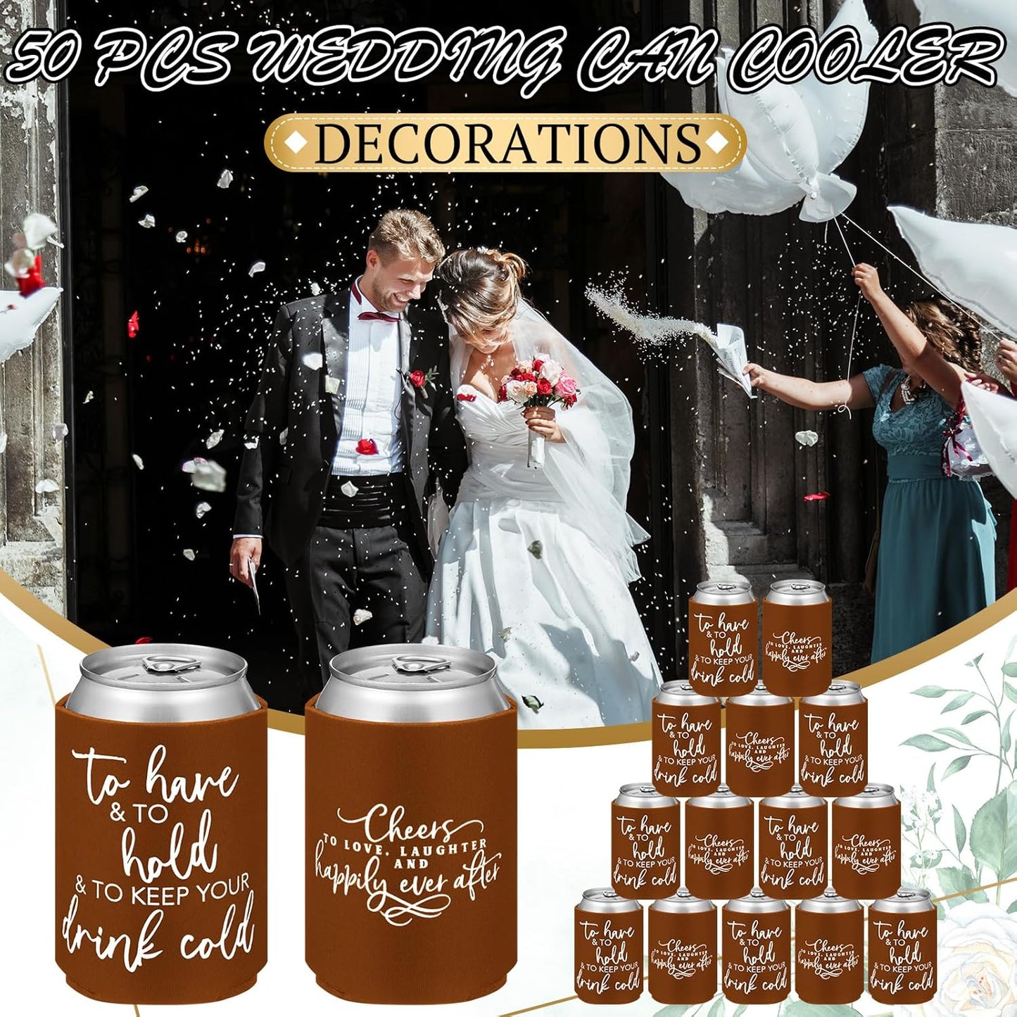 50 Pieces Chocolate Wedding Can Cooler Sleeves Bulk Engagement Party Favors for Guests Cheers to Love Laughter and Happily Ever After Rehearsal Dinner Decorations for Wedding Bridal