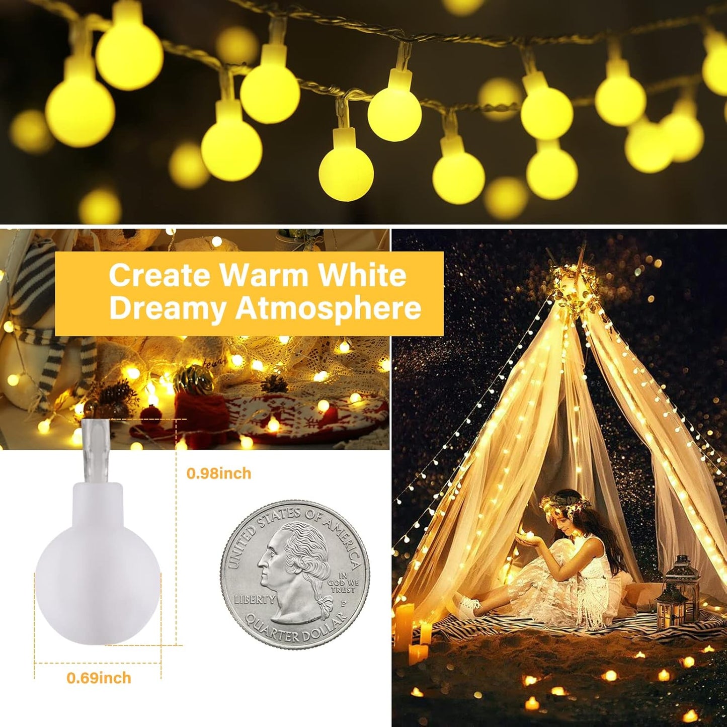 Minetom Mini Globe String Lights, 66 Ft. 200 LED Fairy String Lights Plug in, 8 Modes with Remote, Decor for Indoor Outdoor Party Wedding Christmas Tree Garden, Warm White