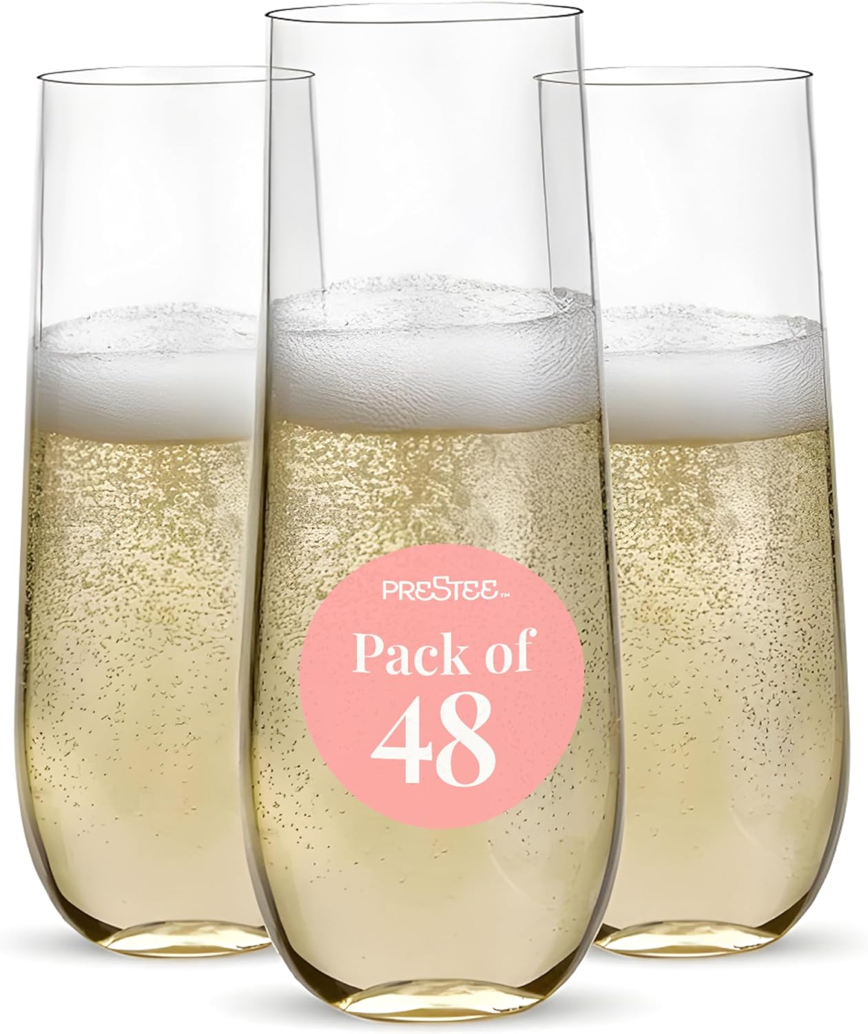 Prestee 48 Pack Plastic Champagne Flutes 9 oz - Stemless Disposable Champagne Flutes for Cocktails Mimosa Bar and Party Supplies - Clear Shatterproof Plastic Wine Glasses for Wedding and Summer Party