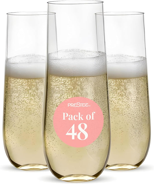 Prestee 48 Pack Plastic Champagne Flutes 9 oz - Stemless Disposable Champagne Flutes for Cocktails Mimosa Bar and Party Supplies - Clear Shatterproof Plastic Wine Glasses for Wedding and Summer Party