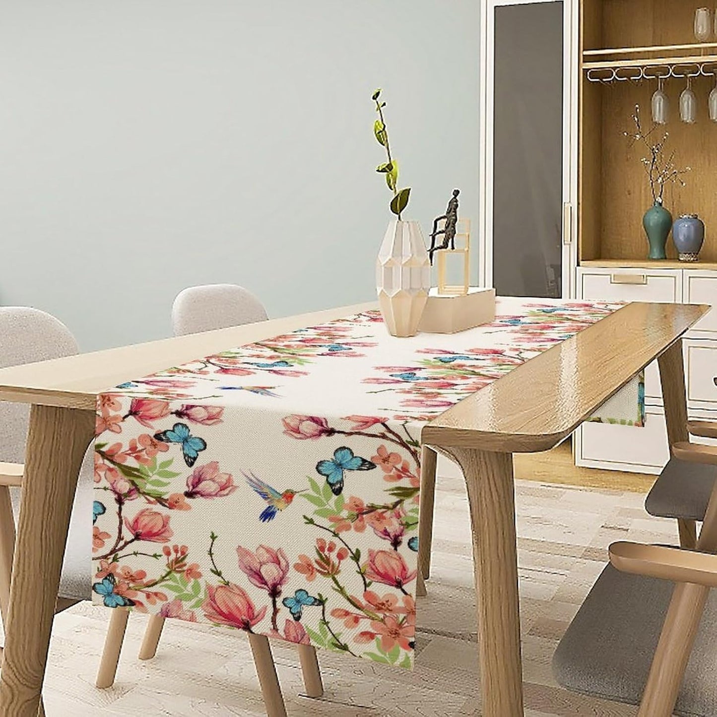Flowers Table Runner,Floral Bird Butterfly Spring Table Cloth Kitchen Dining Table Home Party Decoration 13x36 Inch