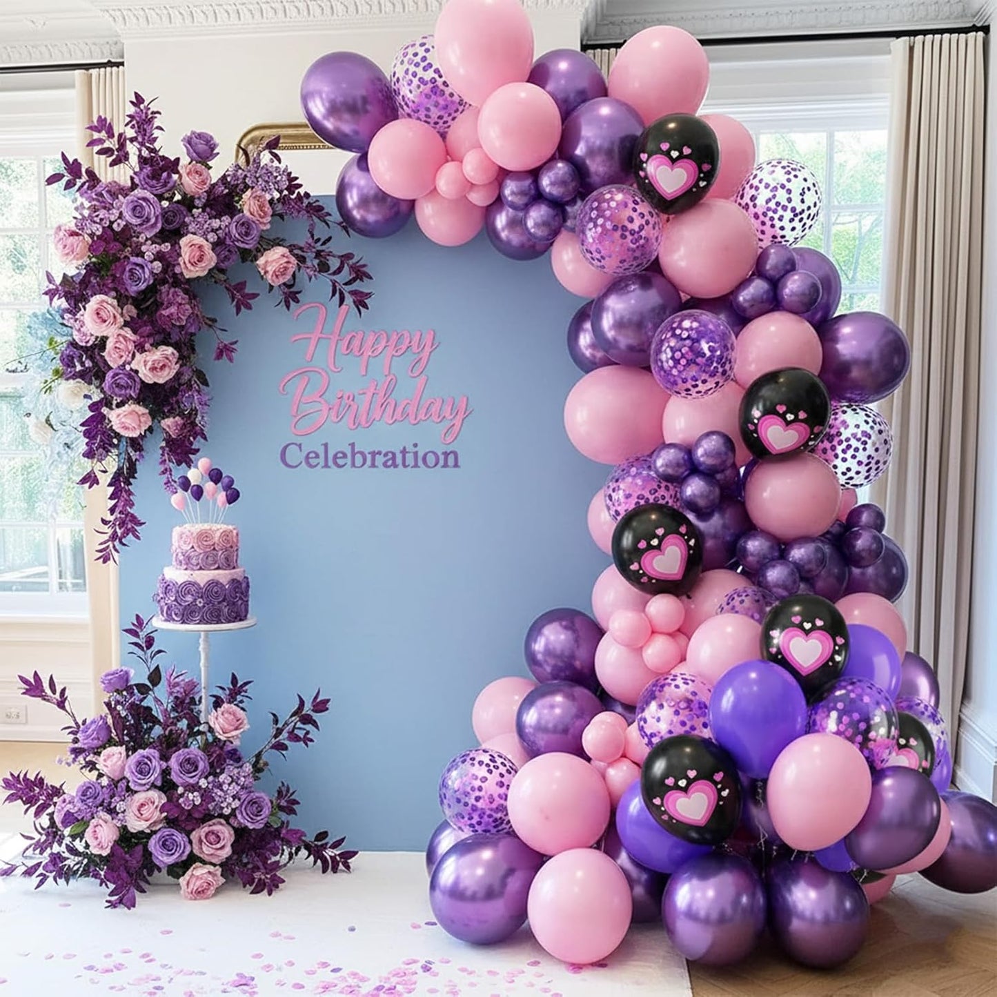 Pink Purple Black Balloons, 50PCS 12 Inch Black Macaron Metallic Purple Pink Birthday Heart Printed Balloons for Princess Theme Birthday Decorations Baby Shower Party
