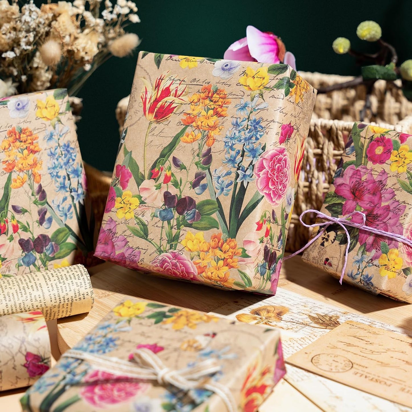 WRAPAHOLIC Kraft Floral Wrapping Paper - Mini Roll - 3 Rolls - 17 Inch x 120 Inch - All Occasion Vintage Flower and Sunflorwer Design for Wedding Bridal Shower Birthday