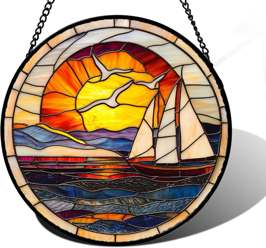 Stained Glass Window Hanging, Sun Ocean Sailboat Seagull Abstract Suncatcher Diamond Glass Panel Sun Catchers Decor for Birthday for Women, Men, Wife, Aunt, and Mom 11.8x11.8 in