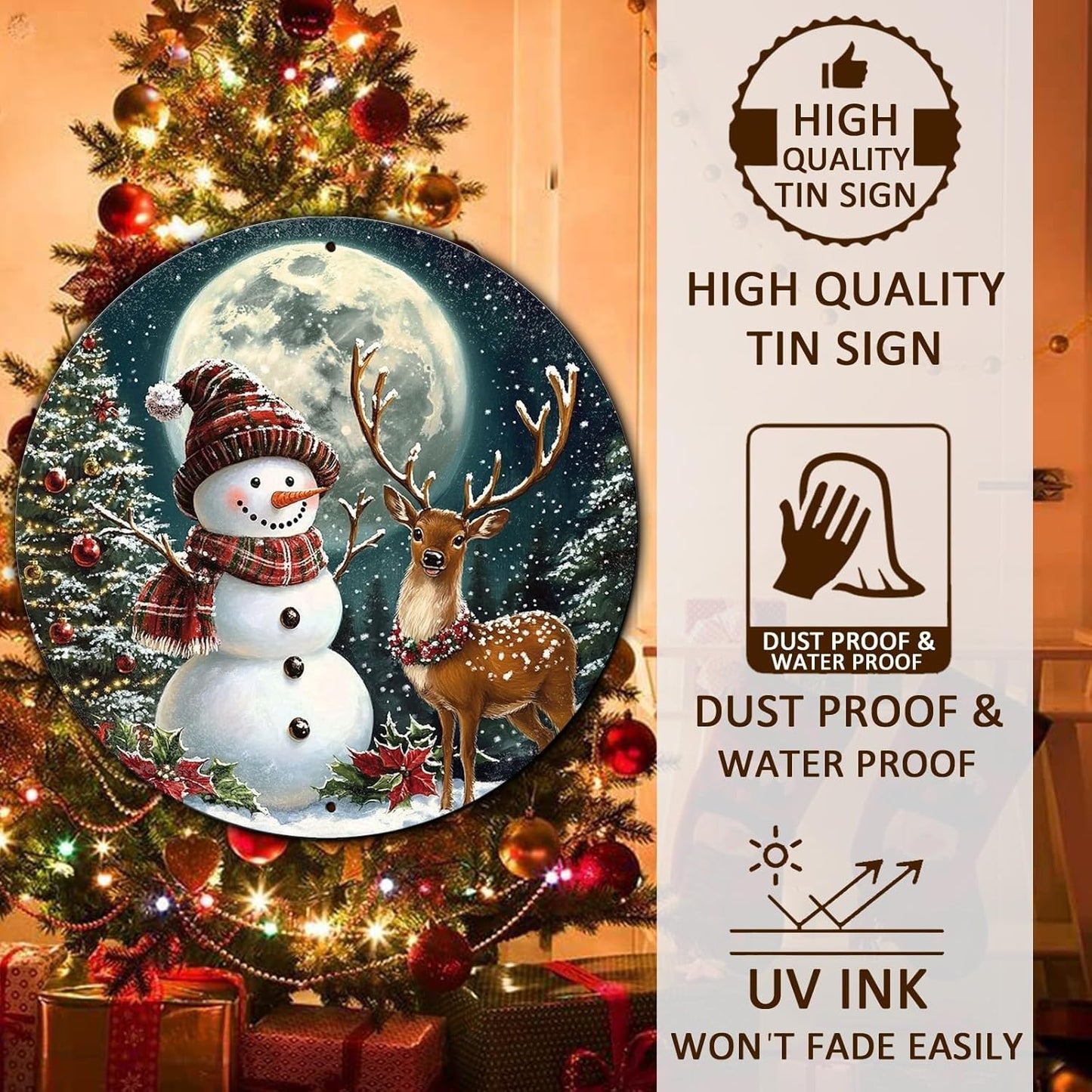 Christmas Snowman Decor Round Metal Tin Sign Christmas Deer Vintage Tin Sign for Home Coffee Wall Decor for Christmas Family Wall Decoration 8 * 8 in