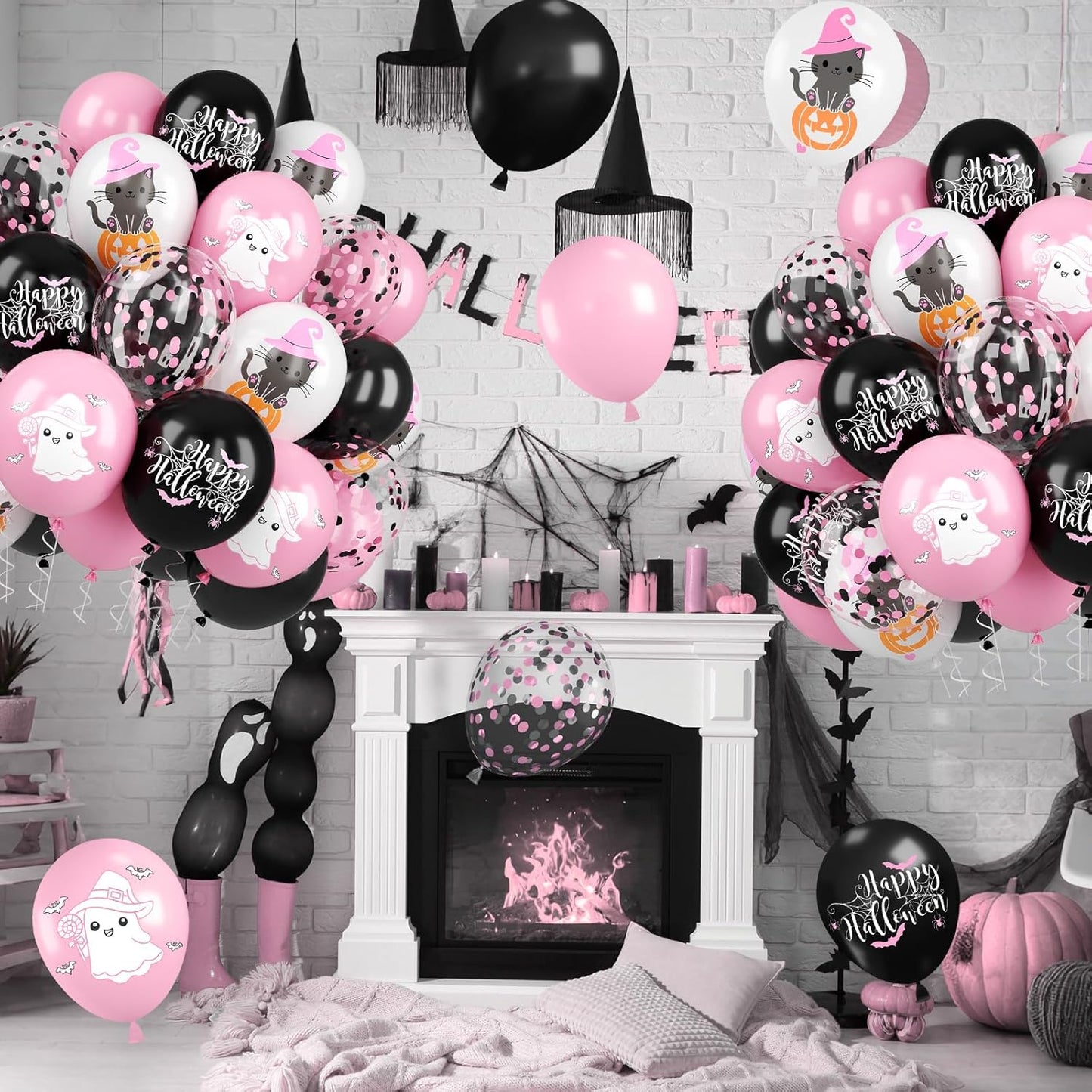 Halloween Balloons, 52 PCS Pink Black Halloween Balloons with Pumpkin Cat, Ghost Printed Balloon, Pink Black Confetti Latex Balloon for Ghost Party Decorations