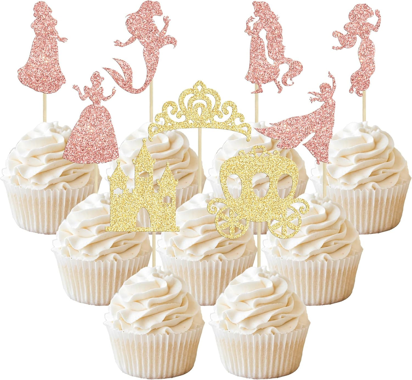 Gyufise 36Pcs Princess Cupcake Toppers Glitter Mermaid Girl Castle High Heel Crown Cupcake Picks Princess Theme Baby Shower Girls Birthday Party Cake Decorations Rose Gold
