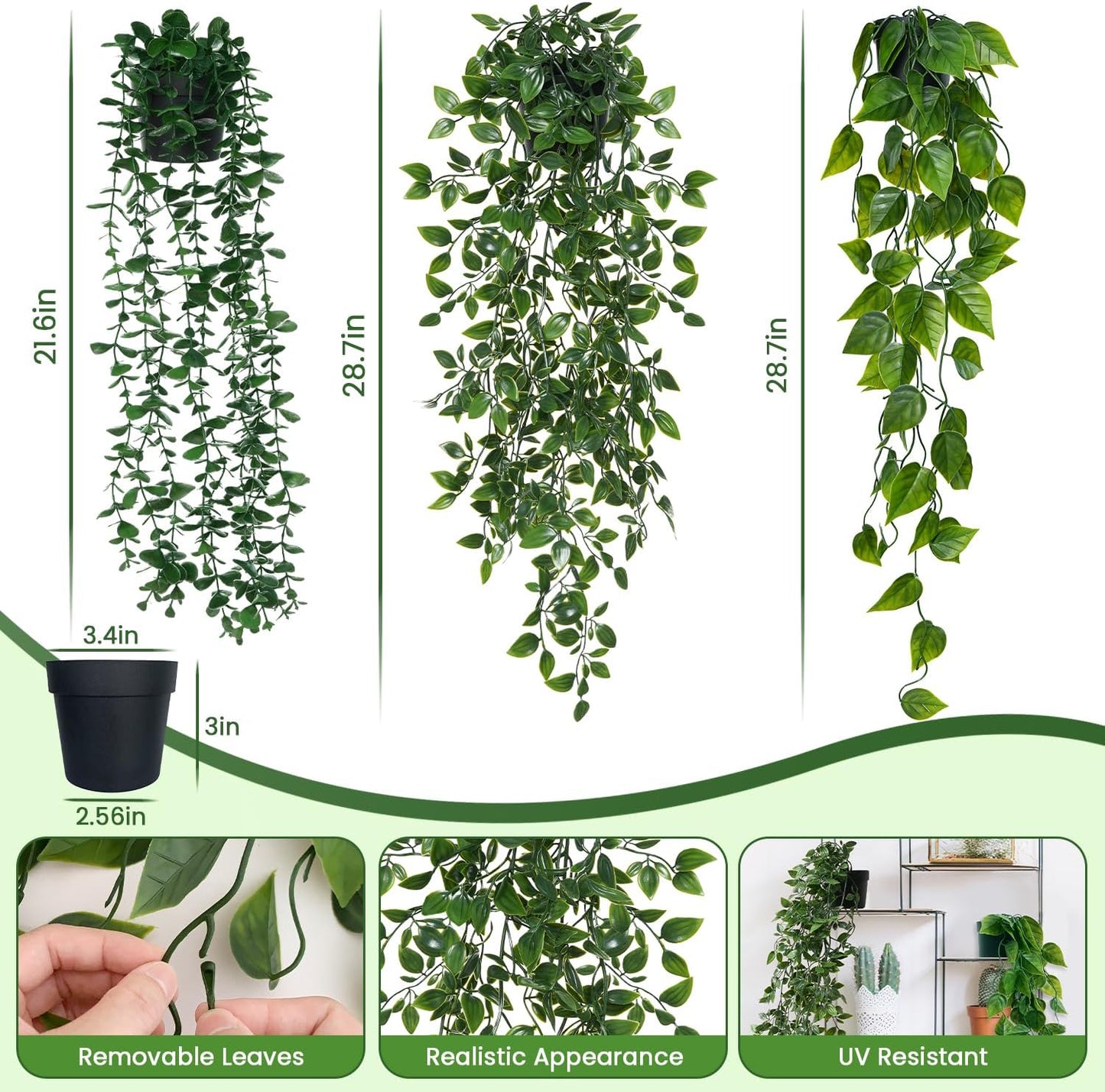 3 Pack Small Fake Hanging Plants, Artificial Eucalyptus, Pothos & Mandala Vines with Plastic Pot for Indoor Home Decor, Wall, Office, Bathroom, Kitchen, Shelf, Farmhouse Room Decoration
