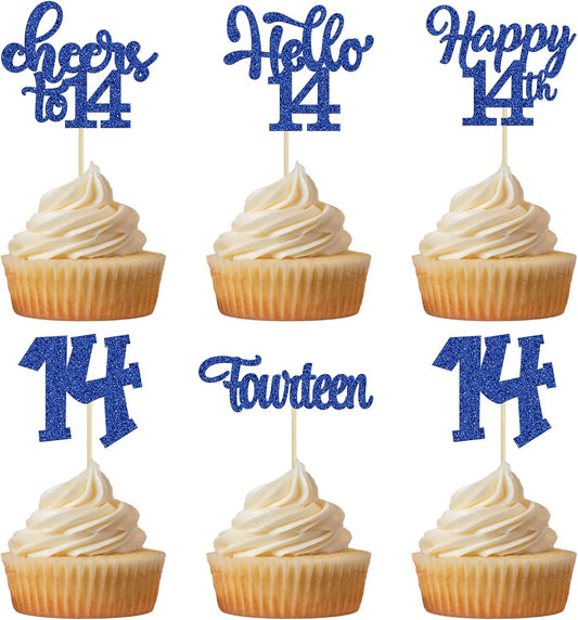 30Pcs 14th Birthday Cupcake Toppers Hello 14 Cupcake Picks Fourteen Cheers to 14 Years Old Cake Decorations for 14th Birthday Anniversary Party Supplies Deep Blue Glitter