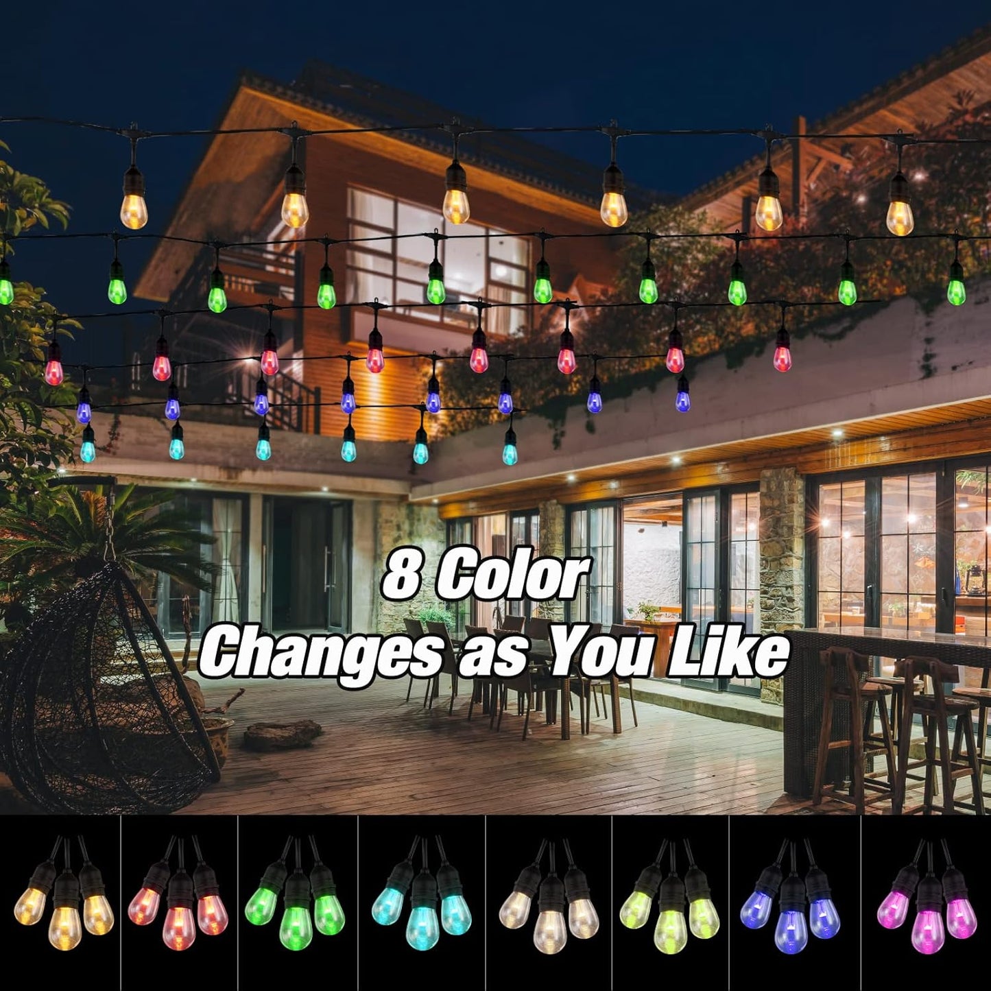 48FT RGB Outdoor String Lights, 15 Shatterproof Edison LED Bulbs, Waterproof Color Changing Patio Lights with Remote. Dimmable Decorative Lighting for Backyard, Camping.