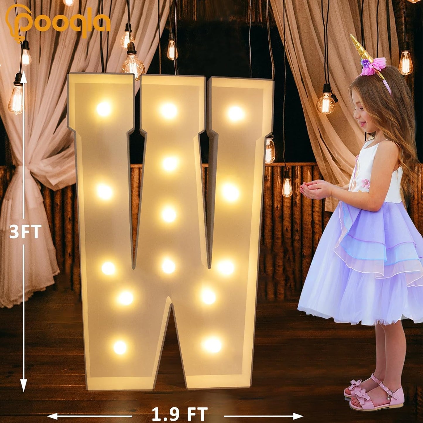 Pooqla 3FT Marquee Light Up Letters, Giant LED Sign Big Mosaic Marquee Letters 3 Feet for Balloons Birthday Anniversary Wedding Party Decoration, Cool White and Warm White Letter W