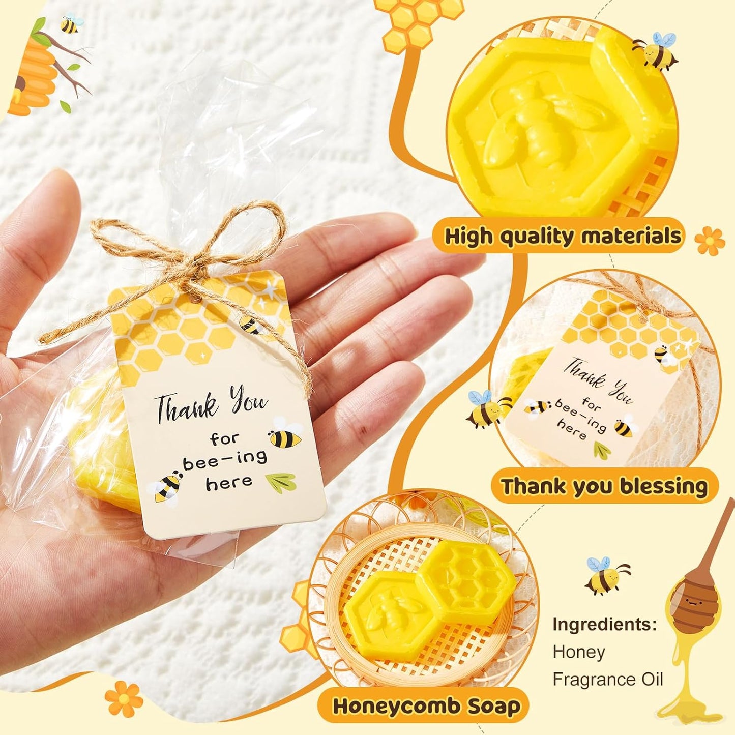 48 Set Baby Shower Favors Bee Party Favors Including Honeycomb Soap with Thank You Card Gift Honey Soap for Guest Gender Reveal Honey Gift Birthday Party Decorations (Yellow)