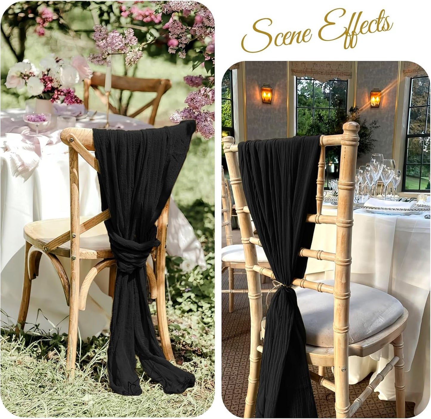 36 Pcs Black Cheesecloth Chair Sashes, 16 x 108 inch Gauze Fabric Washable Chair Sashes Bows Designed for Aisle Decorations Universal ChairCover Decor for Wedding Reception Party Banquet