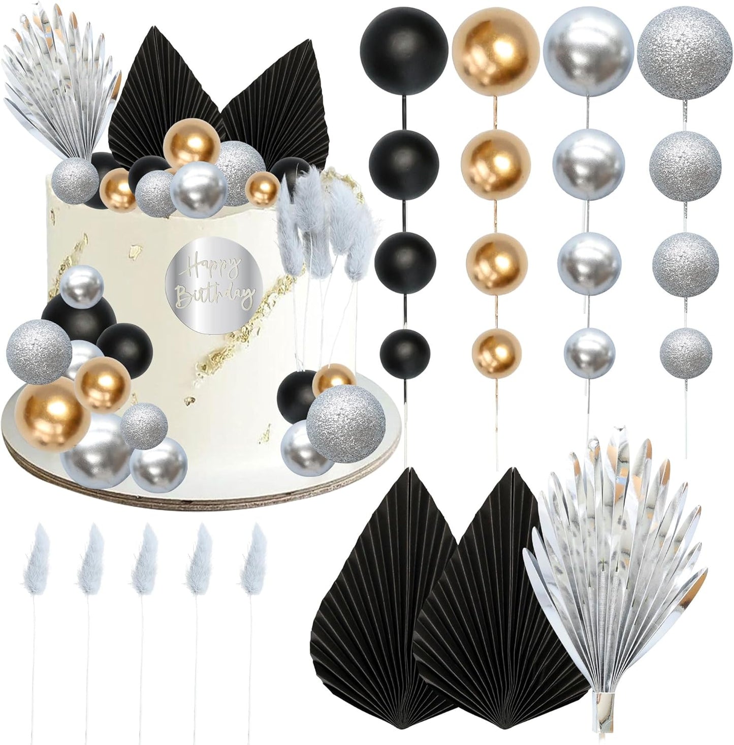 Ephlyn 33 Pack Balls Cake Toppers Boho Palm Leaves Cake Decorations Round Acrylic Happy Birthday Cupcake Toppers for Birthday Wedding Baby Shower Party Supplies Black Silver