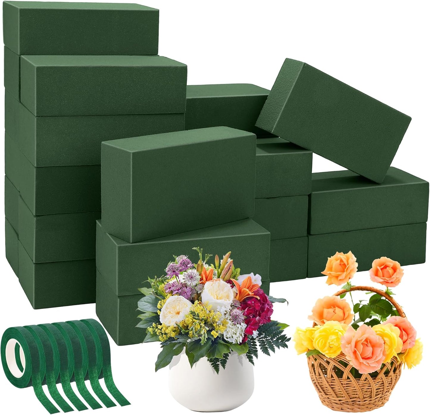Aneco 24 Pieces Floral Foam Blocks with 6 Rolls Floral Tape 5.5''L x 3.1''W x 1.8''H Green Square Flower Foams Flower Arrangements Supplies for Dry & Wet Flower Wedding Home Decor and DIY Crafts