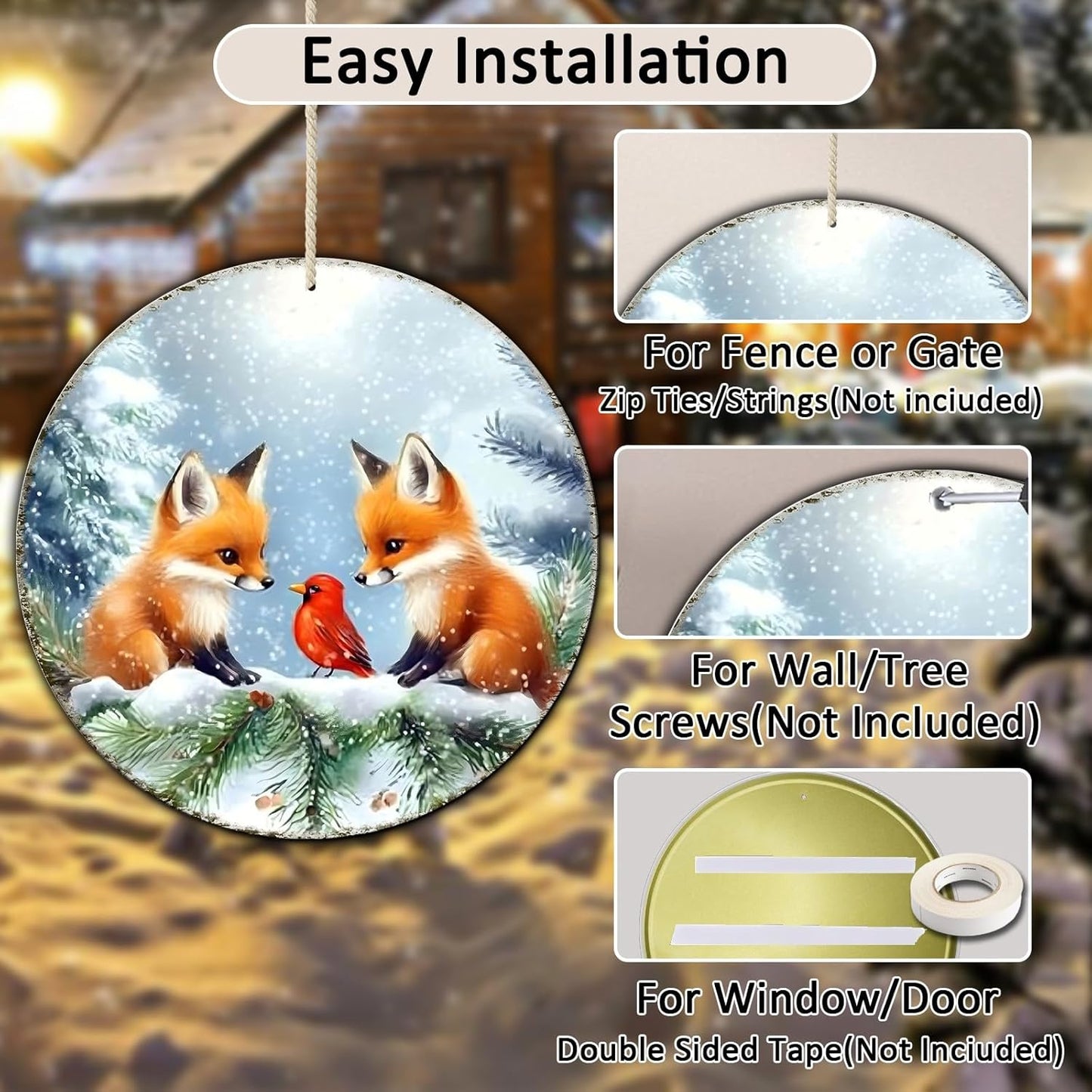 Christmas Round Fox Metal Tin Sign - Red Bird Winter Vintage Sign for Home & Outdoor Decorations - 12 * 12 in