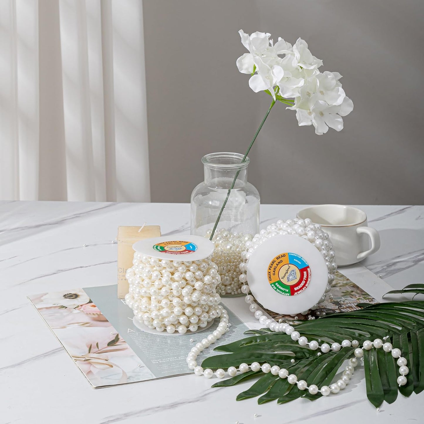 10mm Pearl Strands,9 Yds of White Fake Beads Garland Spool Roll with String Pearls for Crafting,Wedding Party,Christmas Tree Decoration.