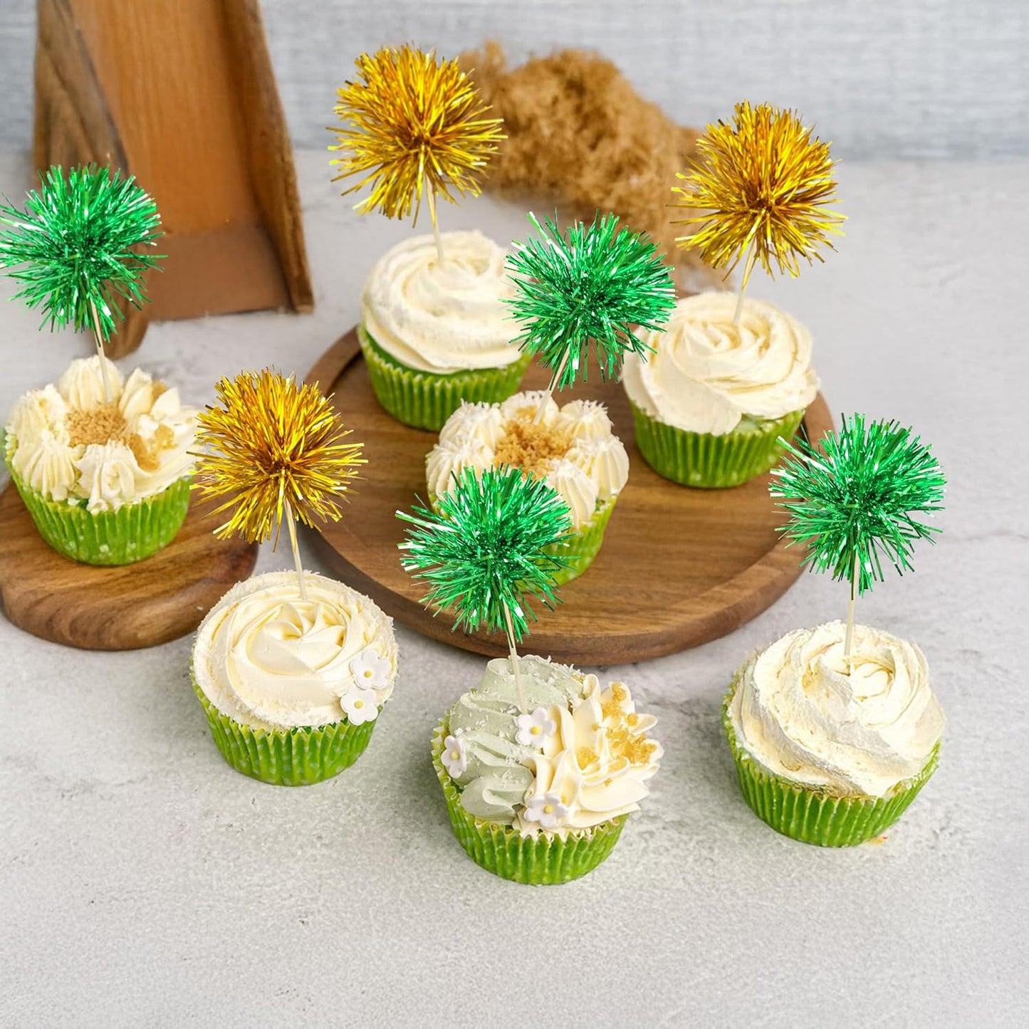 Ephlyn 30Pcs Foil Firework Cupcake Toppers Sparkle Tinsel Cupcake Picks Birthday Cake Decorations Drink Stirrers Cocktail Food Fruit Toothpicks for Baby Shower Graduation Party Supplies Green Gold