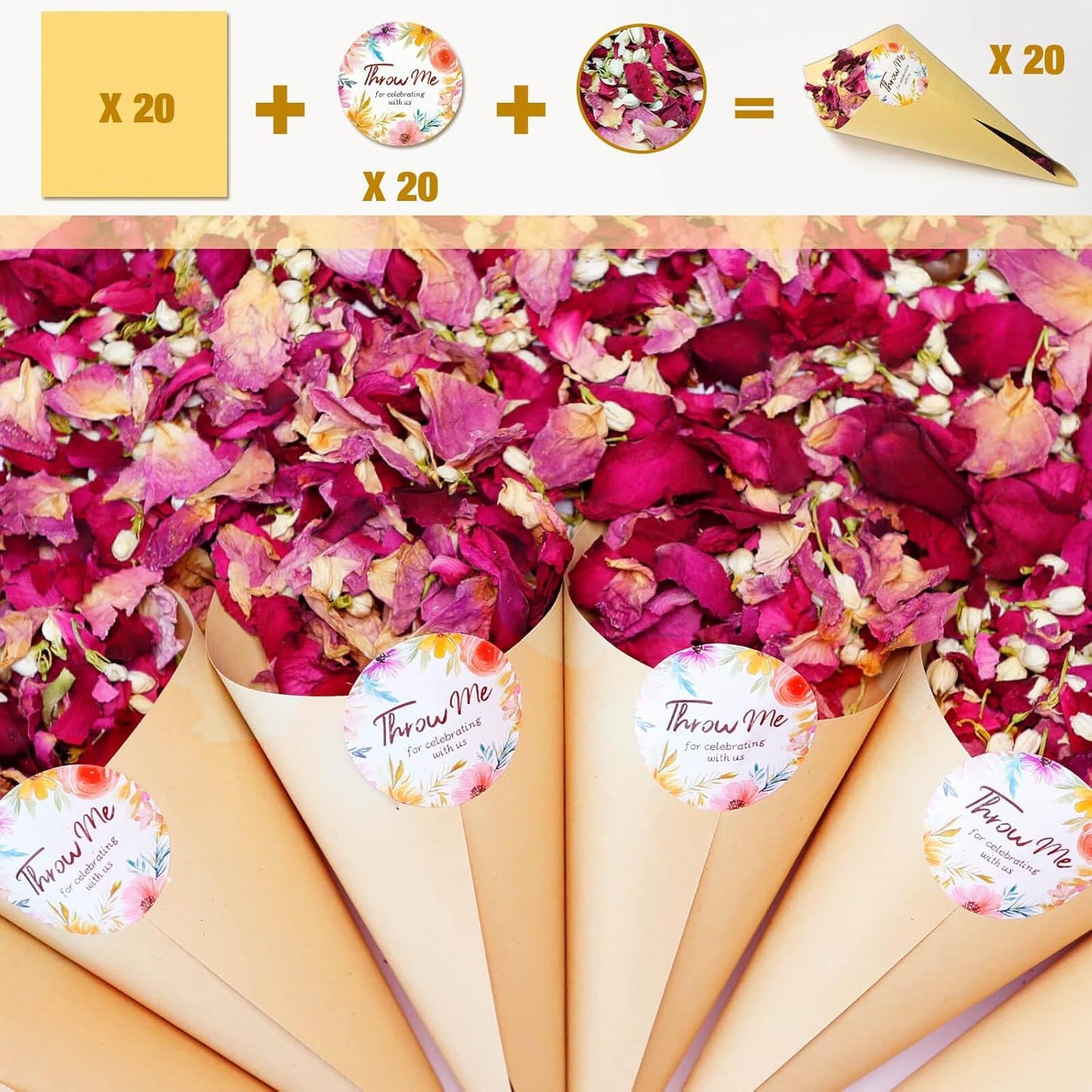 20+ Cups Mix Real Rose Petals Biodegradable Wedding Confetti, 2 QT of Pink Red Flower Jasmine for Ctaft Proposal Party Decor Flower Girls, Bath salt Candle Soap Making