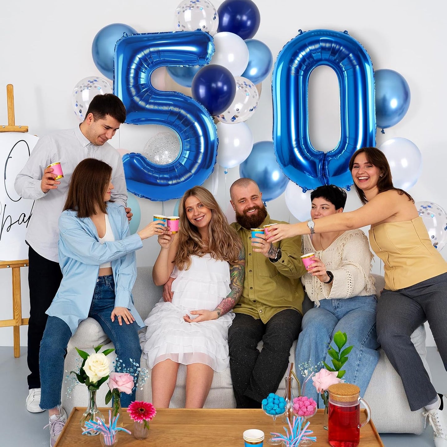 50th Birthday Balloon for Boys, Foil 40 Inch Self Inflating Balloon Number 50 Metallic Dark Blue, Navy Blue 50 Mylar Large Balloon with Silver Confetti Latex Balloon for Men Birthday Party Decorations