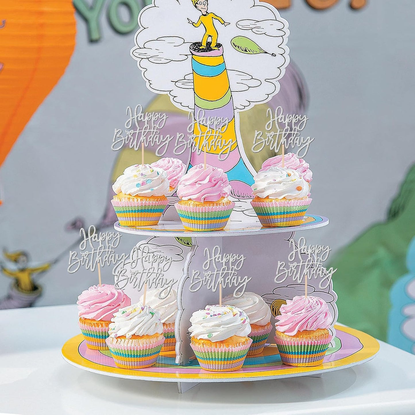 24 PCS Glitter Cupcake Toppers - Silver Happy Birthday & Anniversary Picks