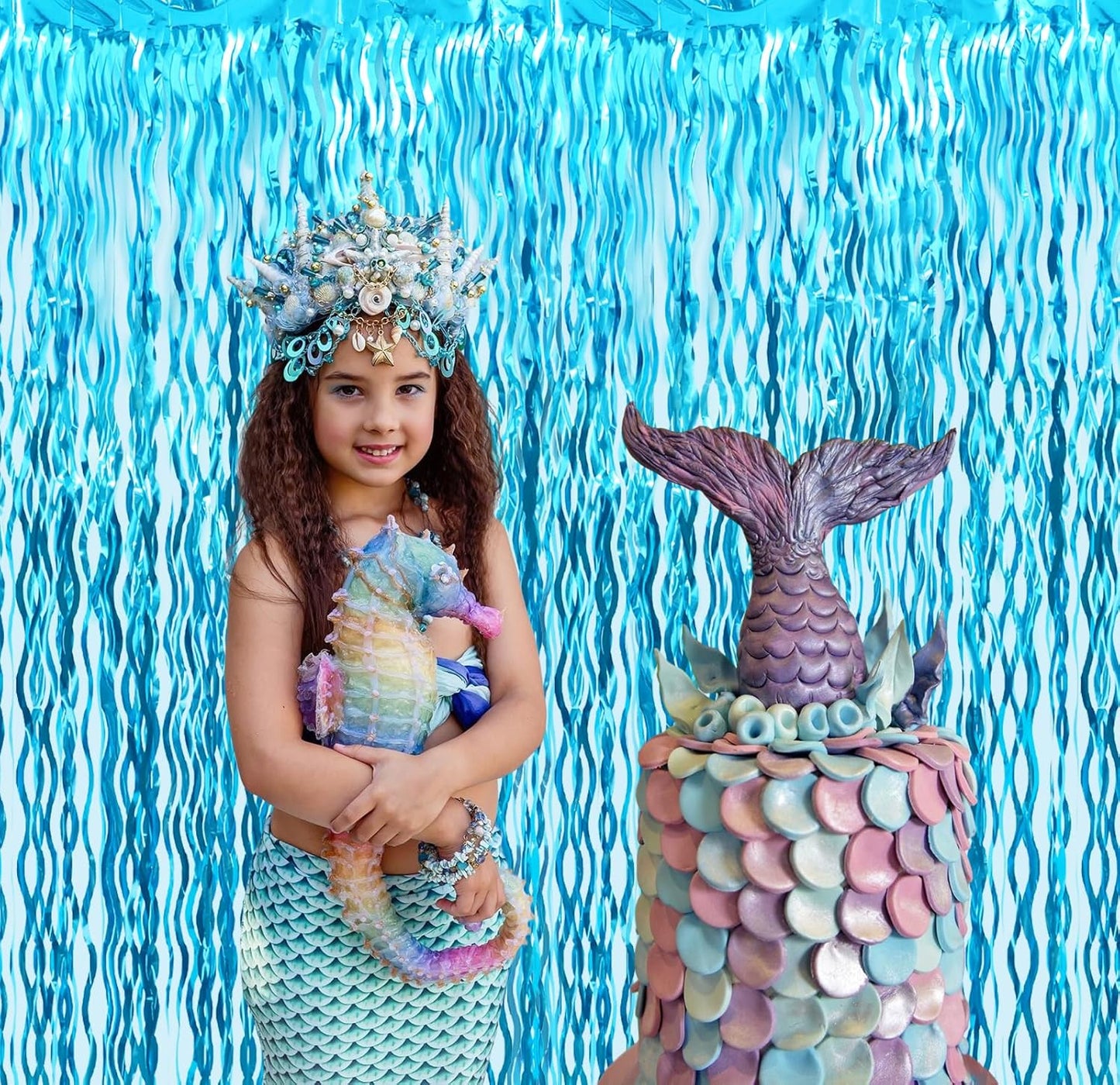 Goer Metallic Tinsel Foil Fringe Curtains for Party Photo Backdrop Wedding Decor (4 Pcs,Wavy Light Blue), One Size