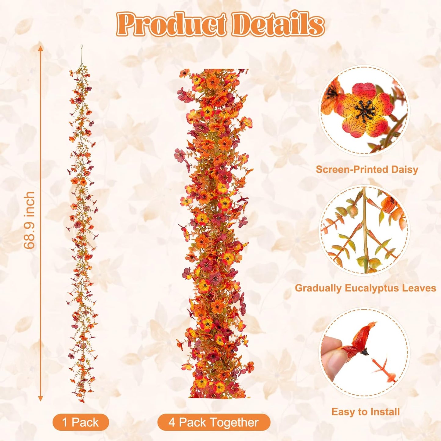 Fall Mums Flowers Artificial Garland for Decoration, 4 Pack 5.9 FT Faux Mums with Eucalyptus Leaves Ivy, UV Resistant Fake Fall Daisy Floral Vine Flowers for Home Garden Wedding Backdrop Decor