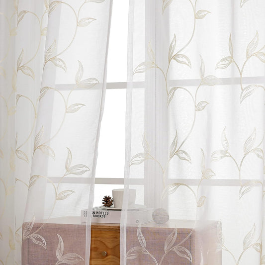 VISIONTEX Sheer Curtains 95 inch Length 2 Panels Set, White Voile Crushed Cream Vine Leaves Embroidery, Rod Pocket Embroidered Window Drapes for Living Room and Bedroom, 54" x 95"
