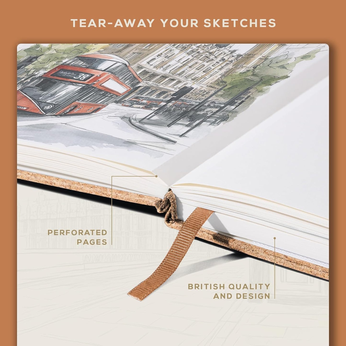 Beechmore Books A4 Sketchbook – 8.5x11 Premium Vegan Leather Bound Large Sketch Book Hardcover with 156 Thick 160gsm Perforated Ivory Pages, Blank Sketch Pad, Gift Boxed, Back Pocket, Ribbon Bookmark