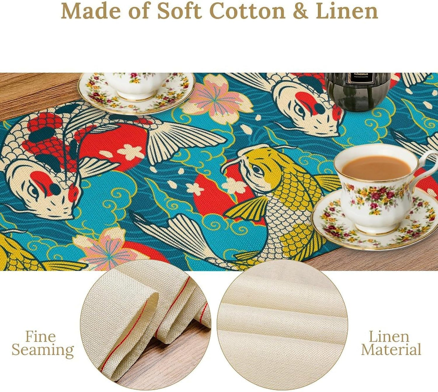 Japanese Kio Fish Table Runner Oriental Tradition Cherry Art Printed Burlap Runner Home Kitchen Dining Table Living Room Decor Fabric 1 Panel W13xL120in