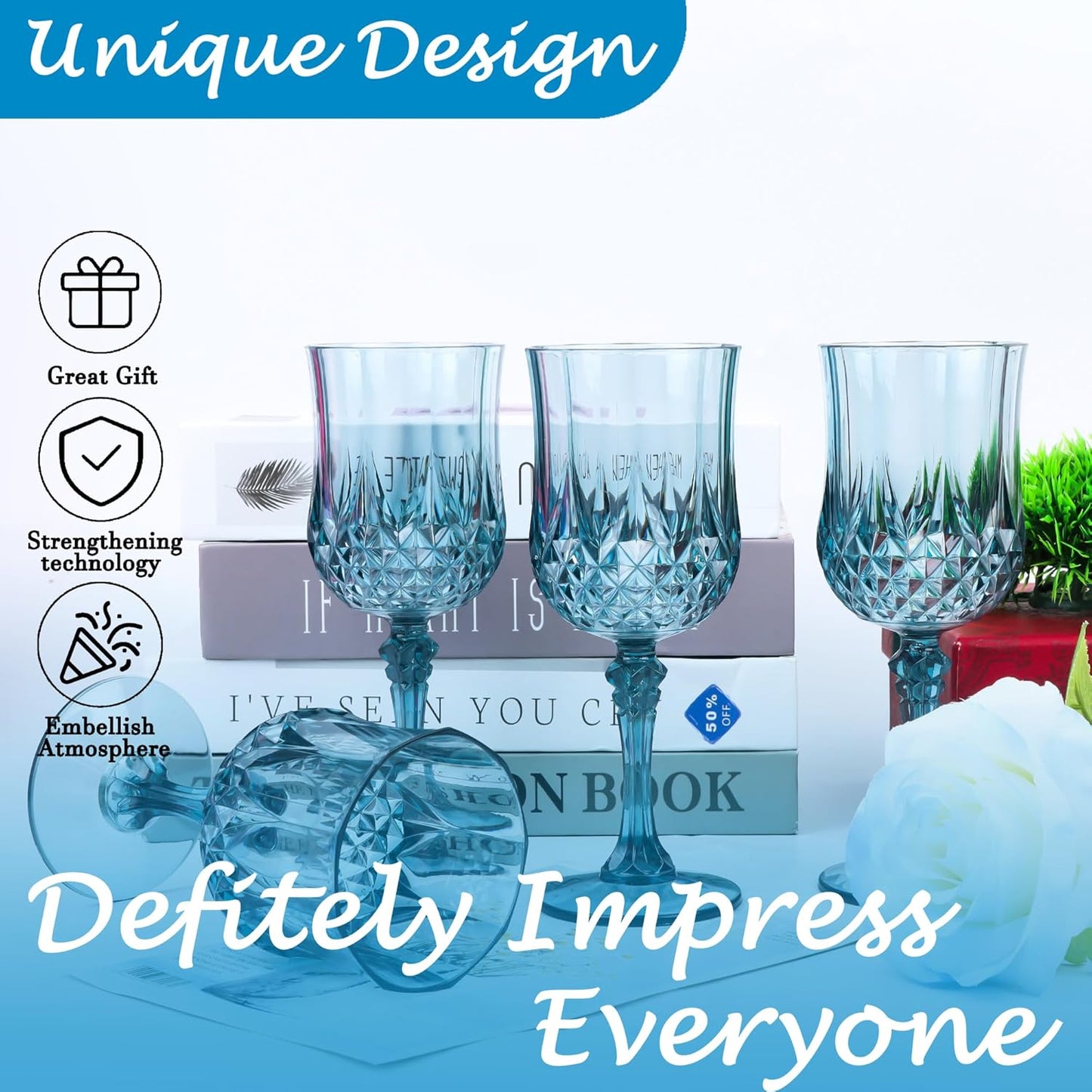 Plastic Wine Glasses，Plastic Goblets Vintage Style Cordial Drinking Glasses for Wedding Reception, Grand Event Party Supplies (12, Dusty Blue)