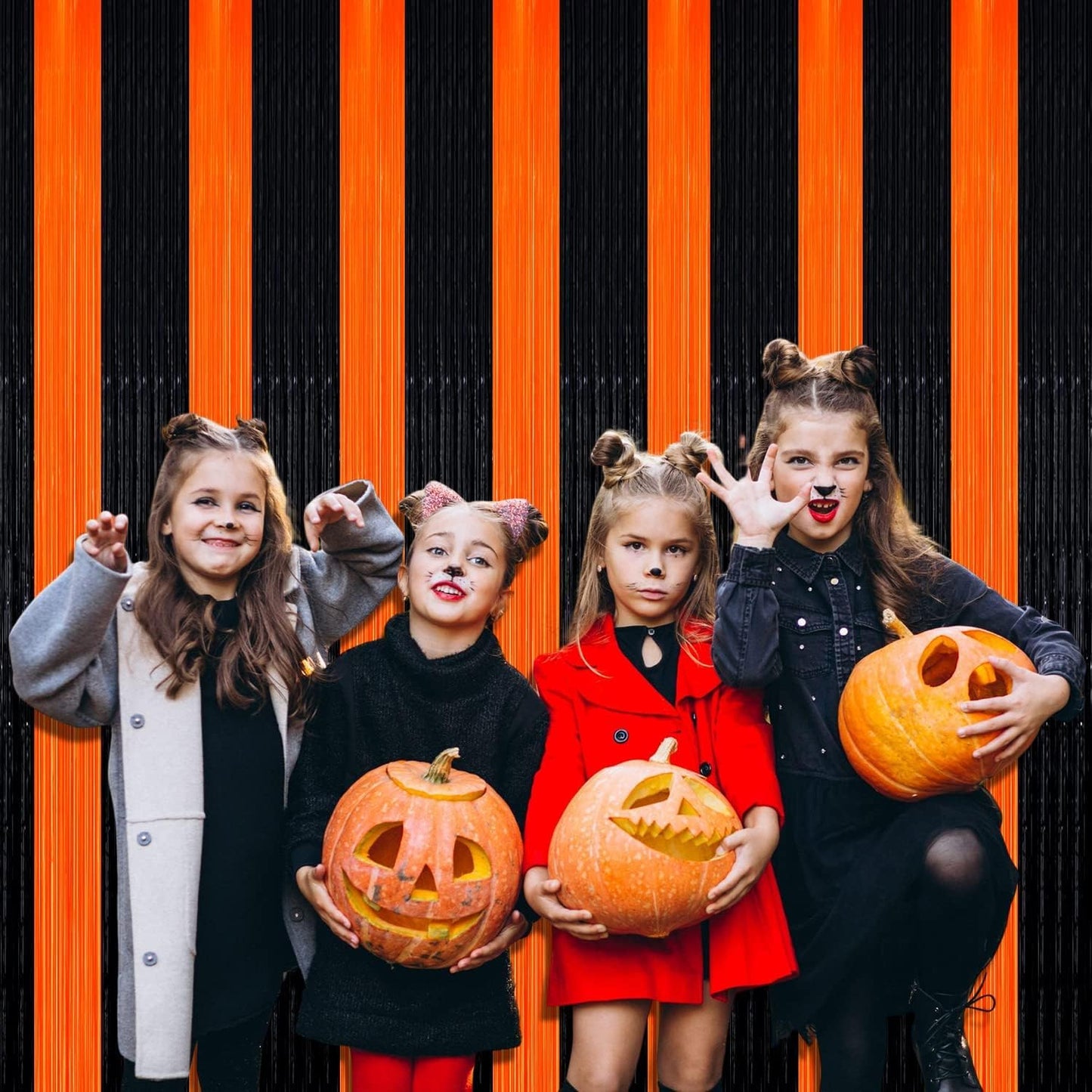 4 Pack Black Orange Foil Fringe Curtain Backdrop, 3.28Ft x 9.8Ft Metallic Tinsel Foil Fringe Streamers Curtains for Photo Booth, Wedding, Thanksgiving, Birthday, Christmas, Halloween Party Decoration