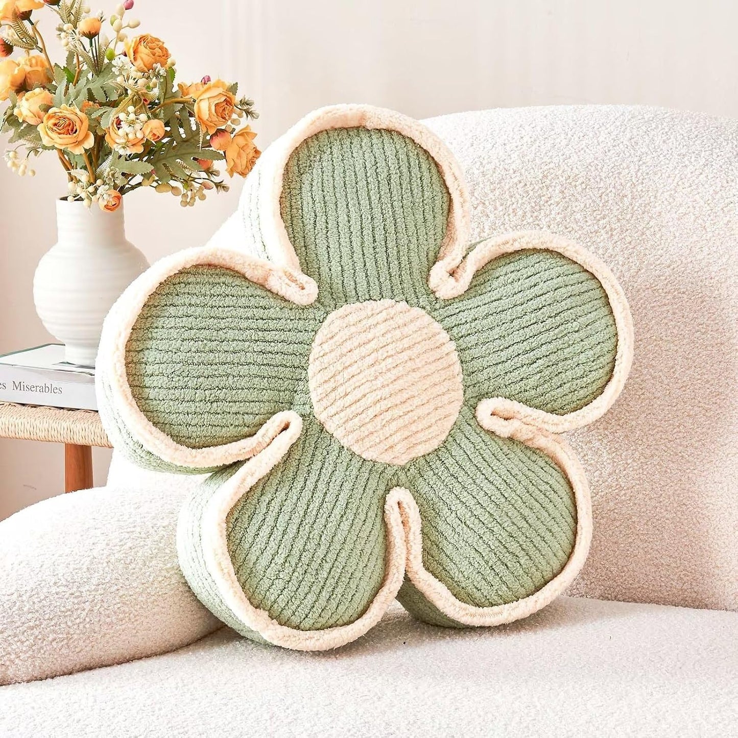 Flower Pillow, Soft Flower Shaped Floor Cushion, Flower Decorative Throw Pillow, Cute Flower Seating Cushion, Flower Room Décor Plush Pillows for Sofa Couch Bed (13.7 Inch, Sage Green)