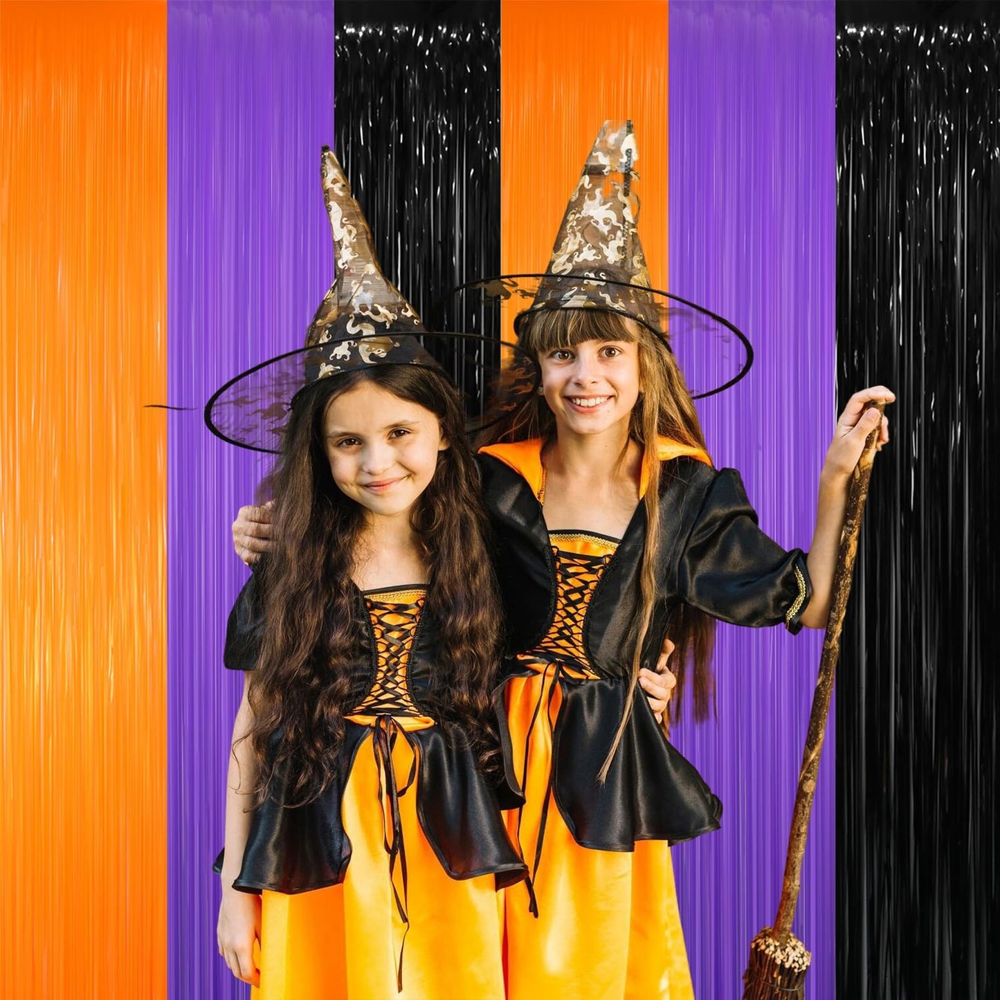GOER 6.4 ft x 8.2 ft Metallic Tinsel Foil Fringe Party Backdrop for Halloween Birthday Graduation New Year's Party Decorations(2 Packs,Black&Orange&Purple)