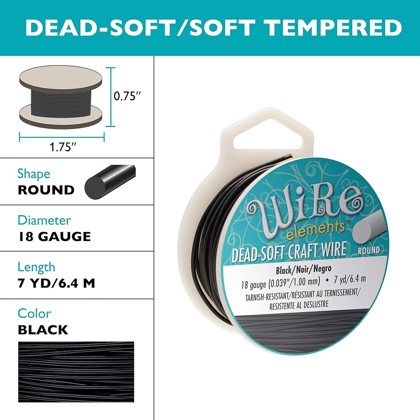 The Beadsmith Wire Elements Craft Wire – Tarnish Resistant, Soft Temper, Round, Black Color – 1mm, 18 Gauge, 7 Yard Spool – Jewelry Making, Wire Wrapping, Floral, & Other DIY Crafts
