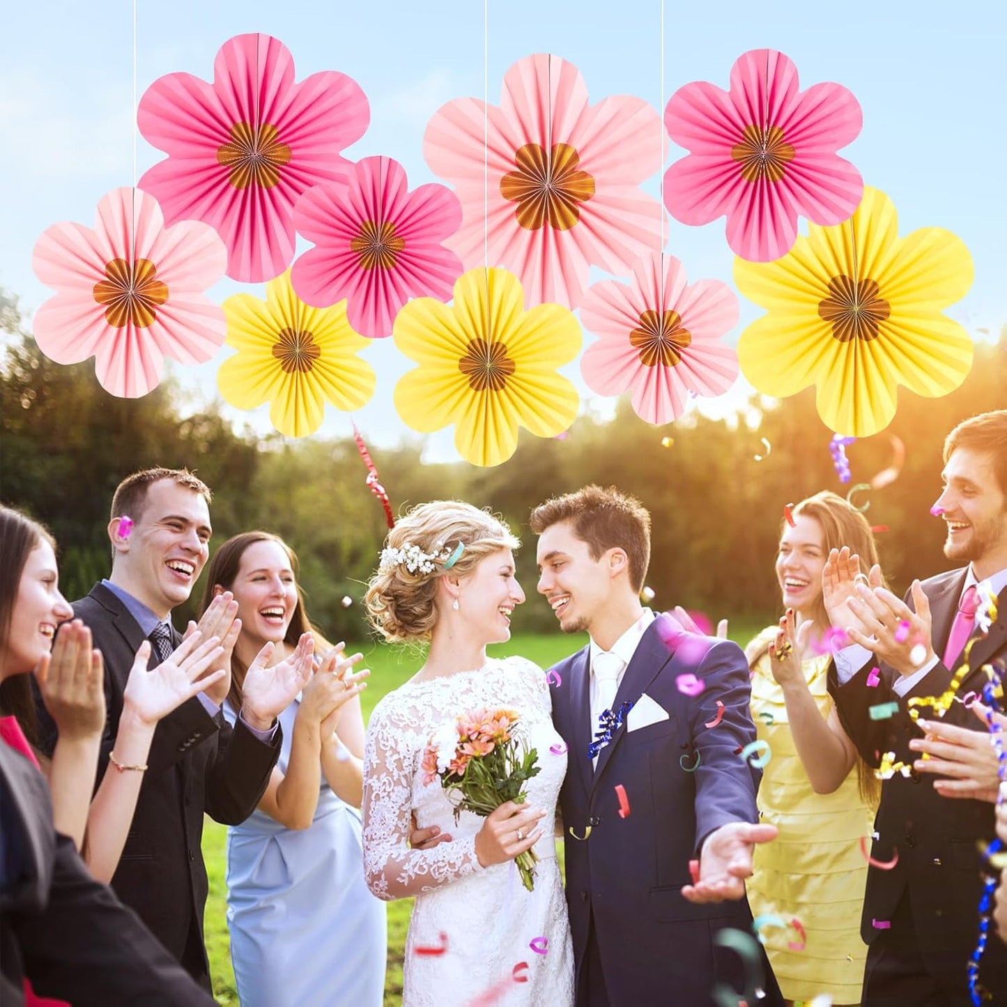 SUNBEAUTY Paper Flowers Decorations for Wall Gold Flower Party Decorations Hanging Fans Floral Backdrop Decor Mothers Day Birthday Wedding Baby Shower Decoration Wall Set of 9