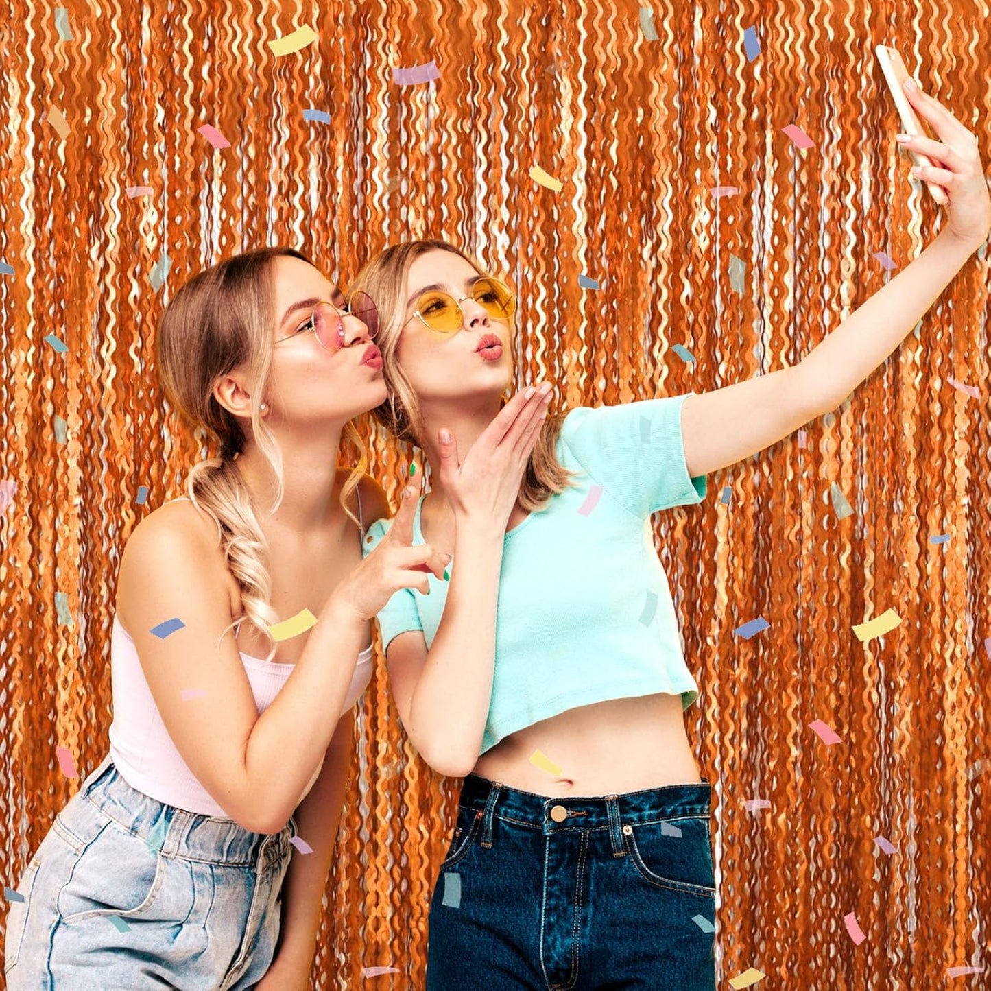 4 Pack Orange Wave Foil Fringe Curtain Backdrop, 3.28Ft x 8.2Ft Metallic Tinsel Foil Fringe Streamer Curtains for Photo Booth, Mother's Day, Easter, Birthday, Wedding Party Decoration