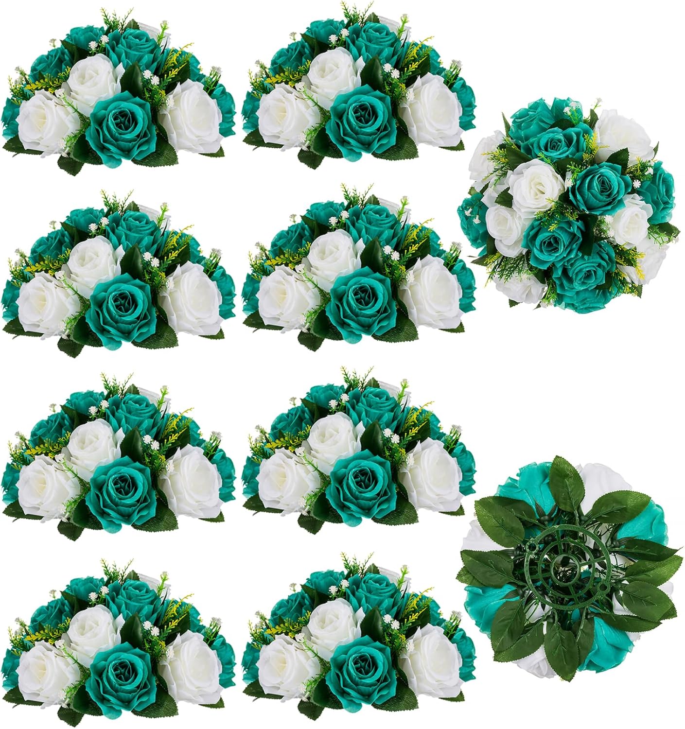 BLOSMON Flower Ball Centerpieces for Wedding: 10 Pcs Teal White Fake Roses Flowers Artificial for Table - Silk Kissing Bouquet Floral Arrangement Center for Home Party Event Decor