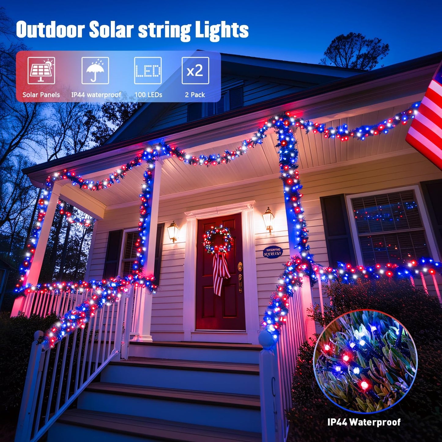 JMEXSUSS 2 Pack Red White and Blue Solar Lights 100LED 33ft Patriot Solar String Lights Waterproof, 8 Modes 4th of July Lights for Independence Day, Gardens, Tree, Outdoor 4th of July Decorations