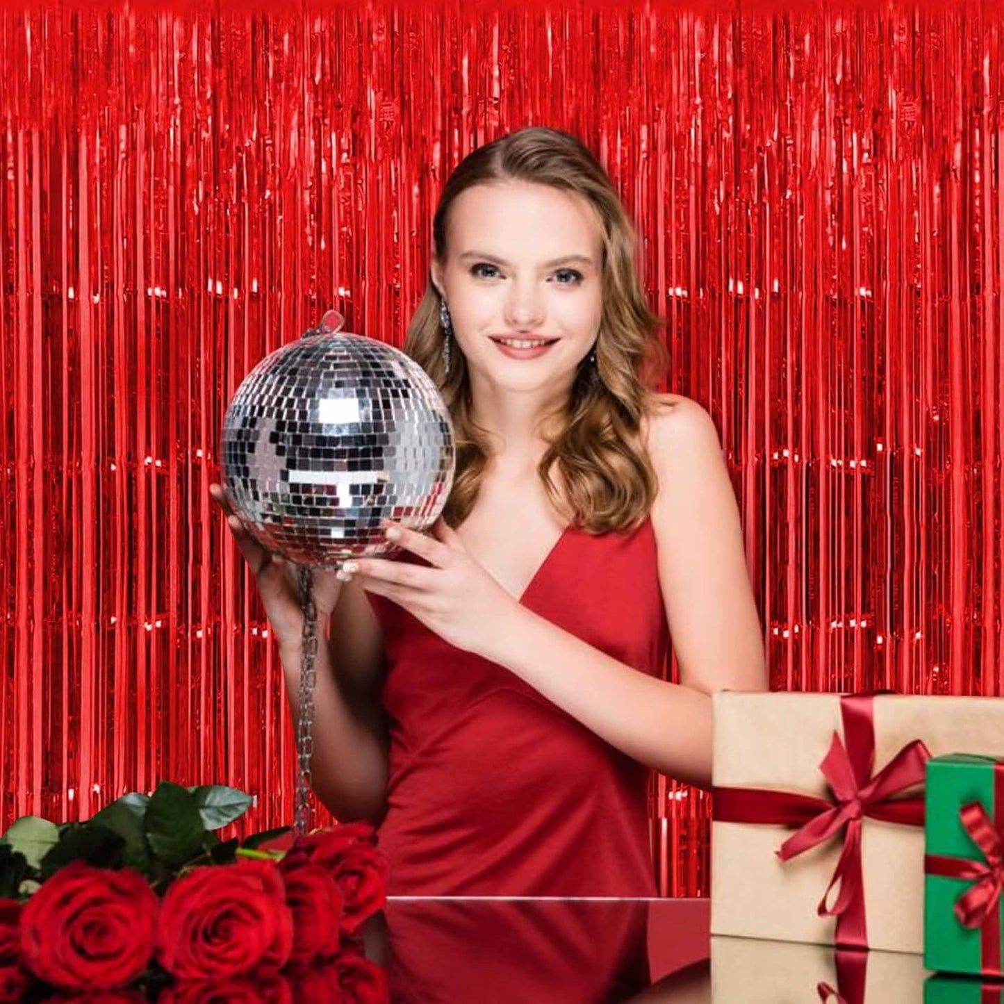 3 Pack Red Foil Fringe Curtains Backdrop, 3.28 x 9.8 Ft Metallic Streamers Tinsel Curtains Background for Photo Booth, Birthday, Halloween, Christmas, Thanksgiving, New Year Party Decorations