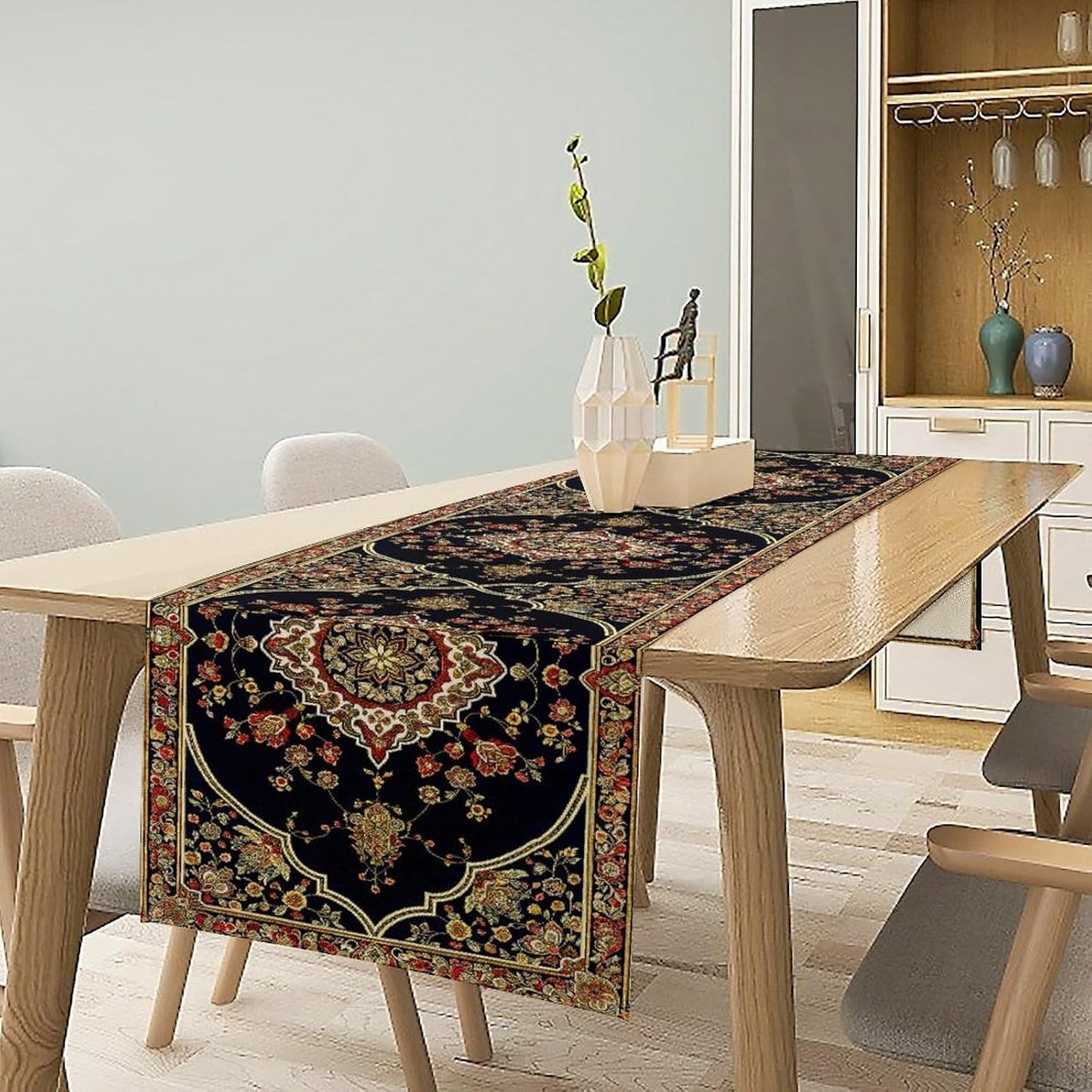 Vintage Boho Floral Table Runner, Rustic Country Farmhouse Black Bohemia Flower Pattern for Home Kitchen Table Decor Dining Cafe Room Wedding Party Decor 13x72in