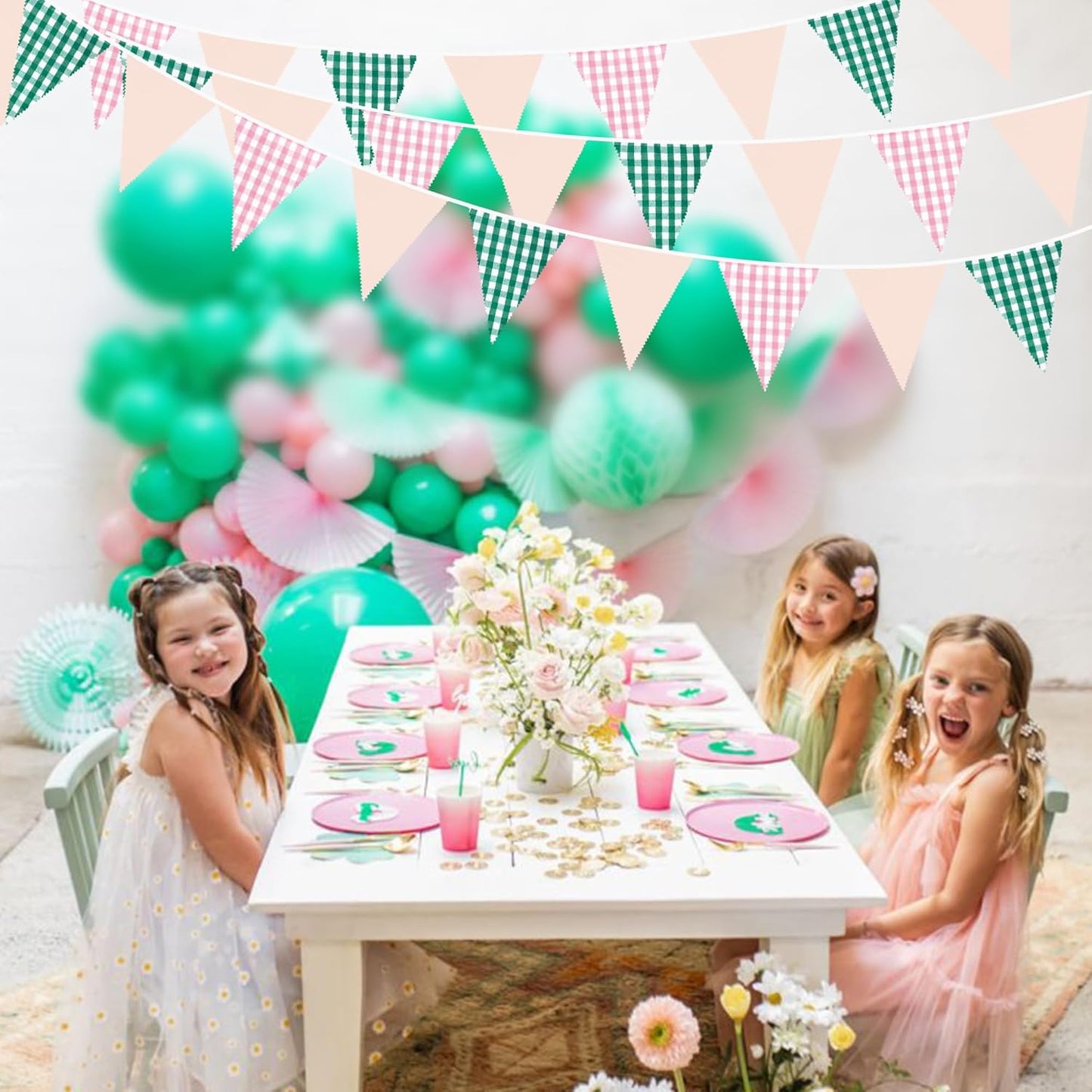 32Ft Pink Green Gingham Camp Bride Banner Green Pink Plaid Checkered Fabric Triangle Flag Pennant Garland Streamers for Camping Bachelorette Glamping Baby Shower Wedding Birthday Party Decorations