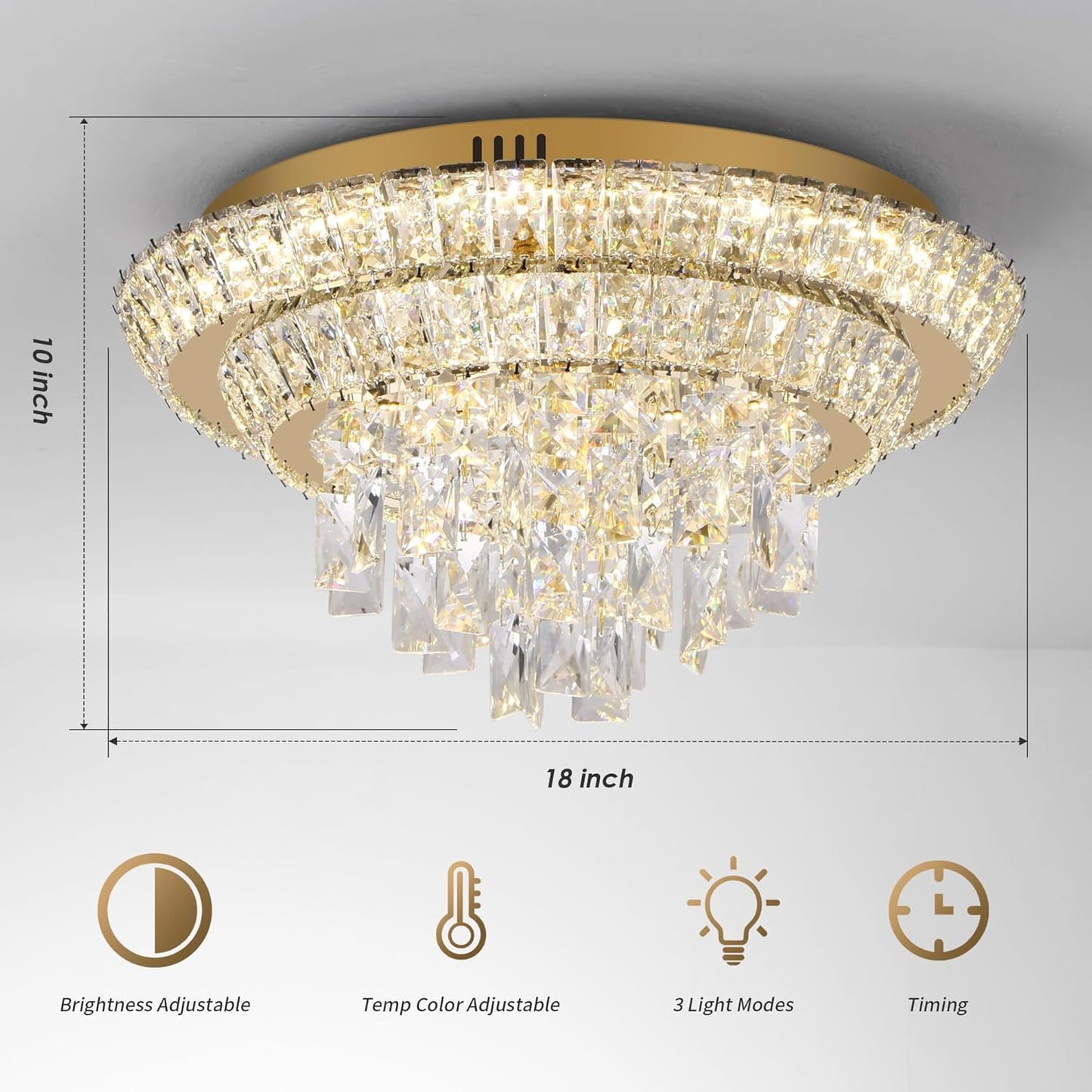18 inch Crystal Gold Ceiling-Light Flush Mount with Remote Control and APP, 3CCT Dimmable & Brightness Adjustable, Modern Crystal Raindrop Chandeliers for Bedroom Hallway Dinning Room Living Room