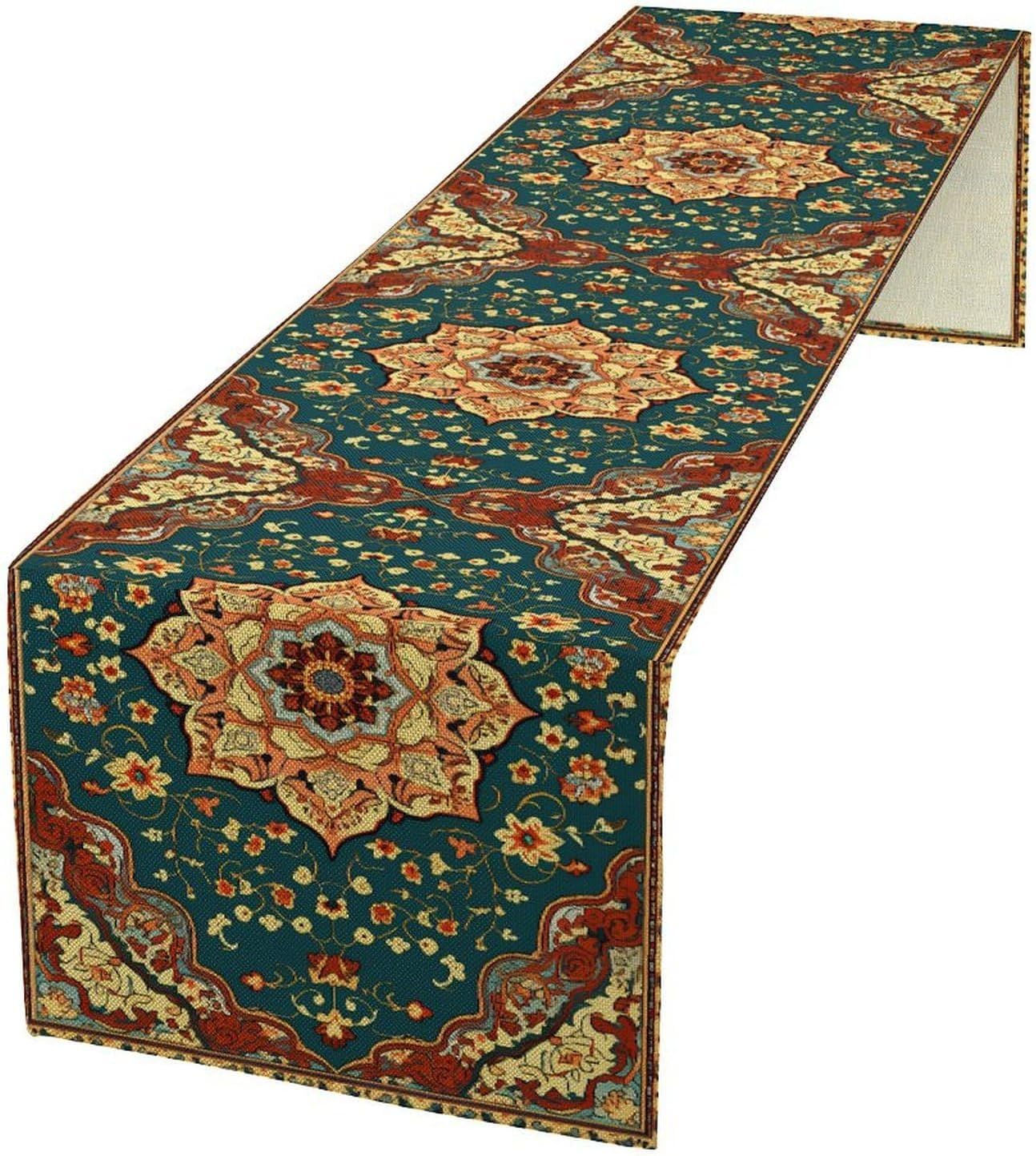 Boho Rich Table Runner, Vintage Blue Teal Gold Retro Flower Rustic Country Style Floral Print Pattern for Home Kitchen Table Decor Dining Coffee Room Garden Party Decor 13x108in