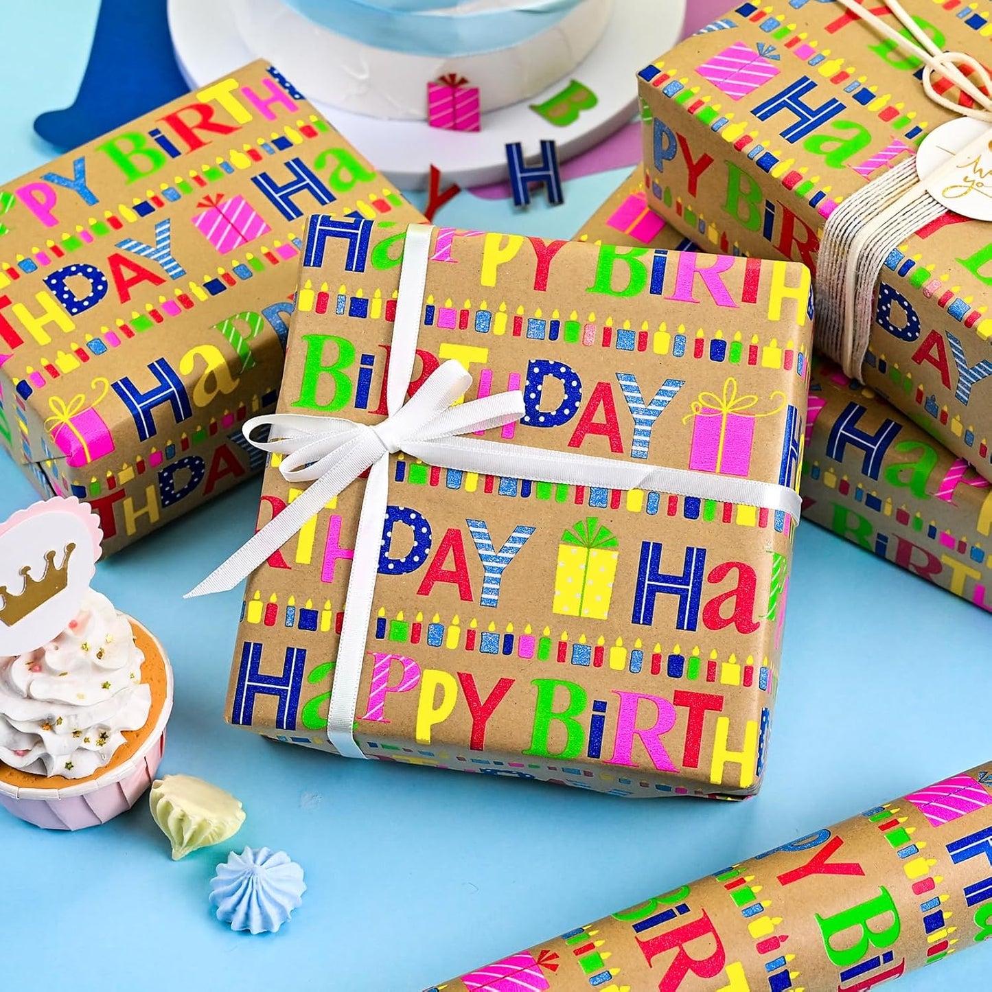 Yarcony Kraft Birthday Wrapping Paper Mini Roll, Gift Wrapping Paper, Heavyweight Brown Colorful Text Happy Birthday Gift Wrap Thick Paper for Present Packaging, Hioliday, All Age (17 Inch X 33 Feet)