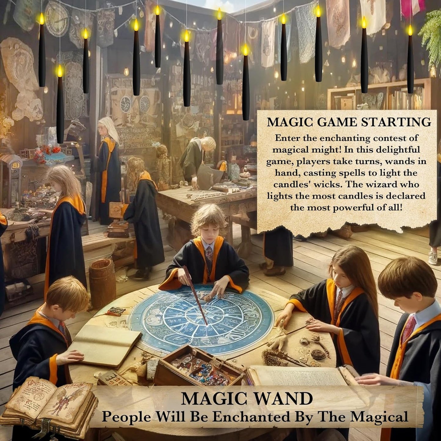 NURADA Floating Candles with Wand Remote Timer - Magic LED Hanging Flameless Taper Candles Flickering Battery Operated for Halloween Birthday Theme Party Holiday Home Window Decor - Black 12 Pack