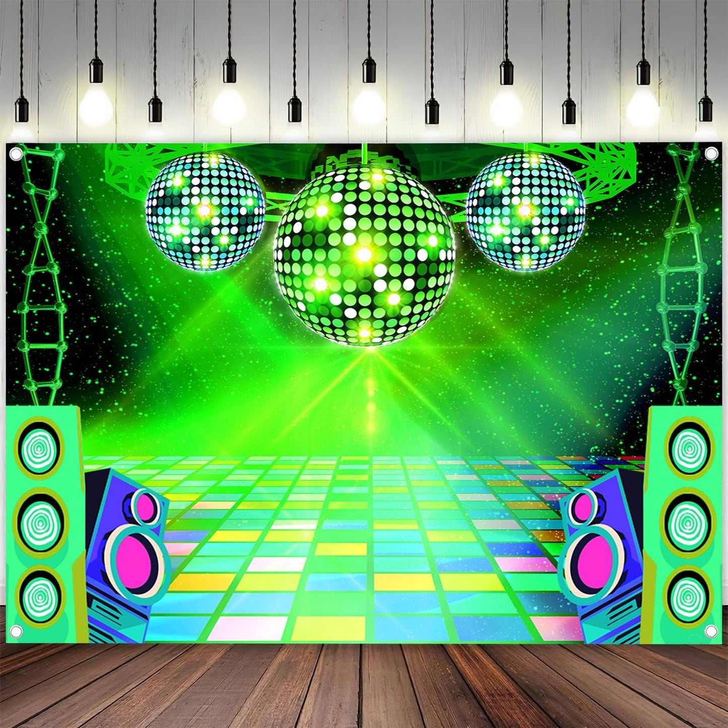 Dance Party Backdrop Retro 80s 90s Theme Stage Dance Ball Music Birthday Party Decoration DJ Photography Background 5 x 3 ft for Baby Shower Picture Photo Shoot Polyester Fabric, Green